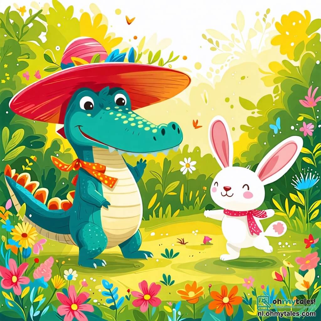 Une illustration sous forme de dessin destinée aux enfants représentant une jardin ensoleillé rempli de fleurs colorées, avec un crocodile joyeux portant une grande et colorée chapeau, dansant et agitant sa tête, tandis qu'un petit lapin aux grandes oreilles blanches fait des sauts autour de lui, le tout illustrant une scène amusante où les deux amis s'amusent ensemble en organisant une mode-show improvisée.