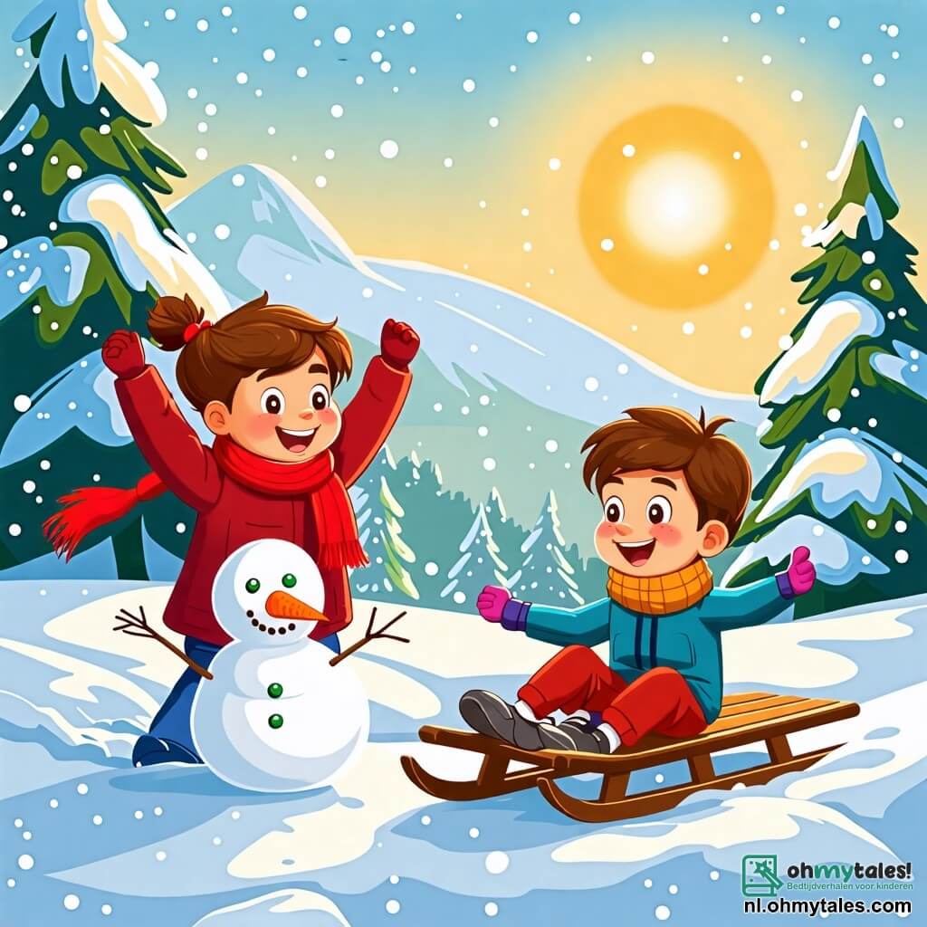 Illustratie van een vrolijke winterscène op een besneeuwde heuvel, verlicht door het gouden licht van de winterzon. De sneeuw schittert als diamanten, terwijl groene dennenbomen, bedekt met sneeuw, het landschap omzomen. Op de voorgrond glijdt een jongen van ongeveer 8 jaar, met bruin haar en een brede glimlach, op een houten slee, zijn armen omhoog in blijdschap. Naast hem lacht een meisje van 7 jaar, met een mooie blonde vlecht en een rode sjaal, terwijl ze een sneeuwpop bouwt en een wortel voor de neus toevoegt. Achter hen duwt een 9-jarige jongen met ronde brillen en een blauwe trui een speciale slee voor zijn vriend, een 10-jarige jongen in een rolstoel, die glimlacht met fonkelende ogen van blijdschap. Samen delen ze een moment van vriendschap en creativiteit, omringd door zacht vallende sneeuwvlokken. Extra details zijn voetafdrukken in de sneeuw, een kleine kleurrijke sjaal die aan een dennenboom hangt en een helderblauwe lucht met donzige wolken, wat een vleugje magie aan deze winterscène toevoegt.