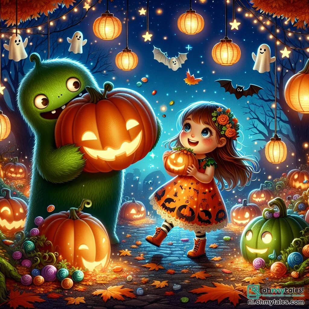 Illustratie van een magische Halloween-scène in een park verlicht door lantaarns in de vorm van pompoenen. De grond is bedekt met felgekleurde herfstbladeren in oranje en rood, terwijl sterren schitteren in een diepblauwe nachtelijke lucht. In deze scène staat een meisje van ongeveer 8 jaar met lange, bruine haren en een oranje jurk versierd met vleermuismotieven, vrolijk te glimlachen terwijl ze een grote glimlachende pompoen onder haar arm houdt. Naast haar springt een jongetje van ongeveer 7 jaar met rommelige blonde haren en een groene monsterkostuum van blijdschap, zijn grote ogen stralend van opwinding. Ze worden omringd door drijvende lantaarns en kleine papieren spoken die aan de bomen hangen, terwijl een grote vriendelijke monster met een zachte groene huid en ronde ogen hen uitnodigt om een schattenjachtspel te spelen. Kleurrijke snoepjes en schitterende sterren zijn verspreid om hen heen, wat een vleugje magie aan de feestelijke sfeer toevoegt.
