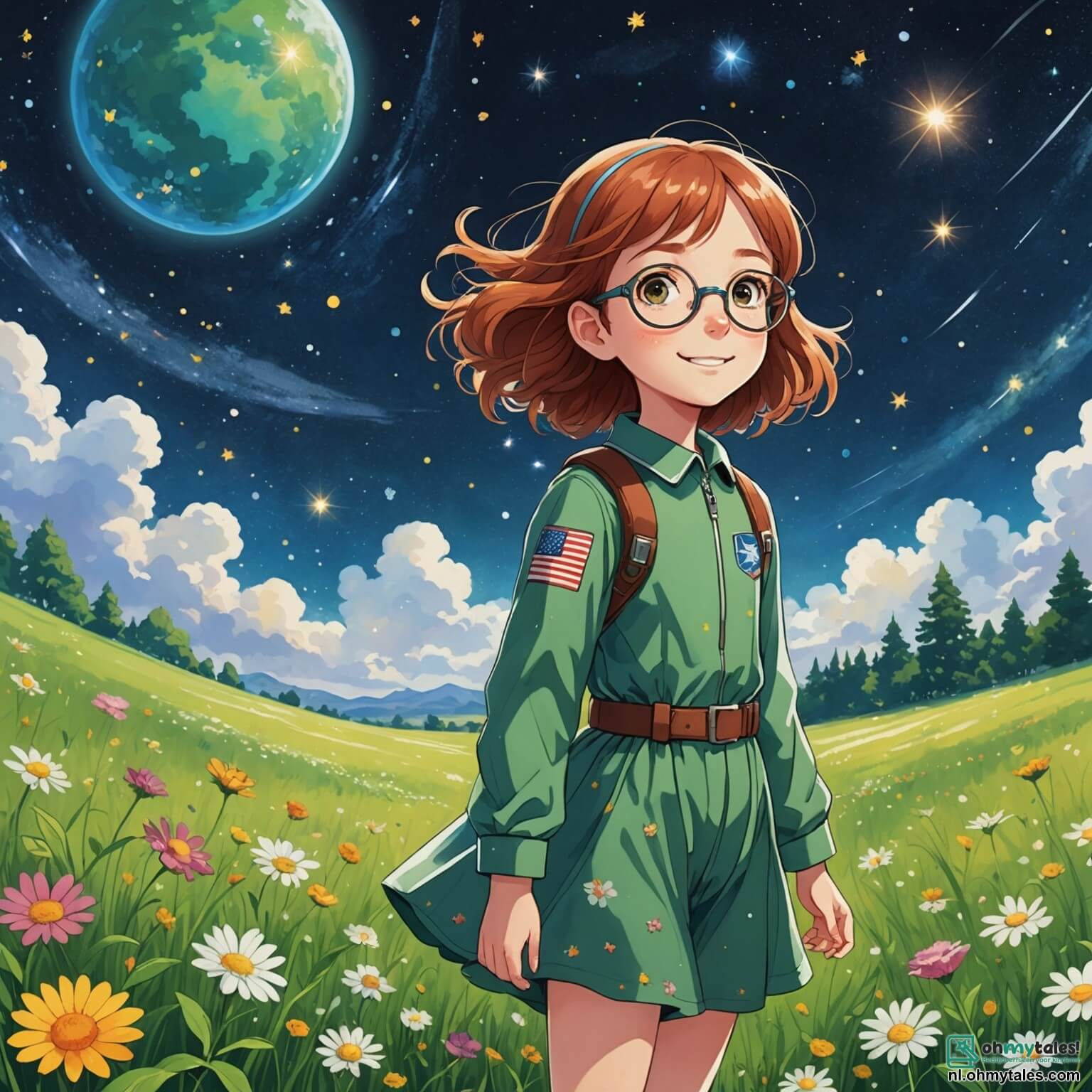 Une illustration destinée aux enfants représentant une jeune fille aux yeux pétillants de curiosité, avec des cheveux châtains flottant comme des nuages dans le vent, se tenant dans une vaste prairie verdoyante parsemée de fleurs colorées, où elle rêve de devenir astronaute, entourée de son meilleur ami, un garçon aux lunettes rondes et au sourire malicieux, tandis qu'au loin, un ciel étoilé scintille comme un océan de diamants, évoquant des aventures interstellaires et des découvertes fascinantes au-delà des étoiles.