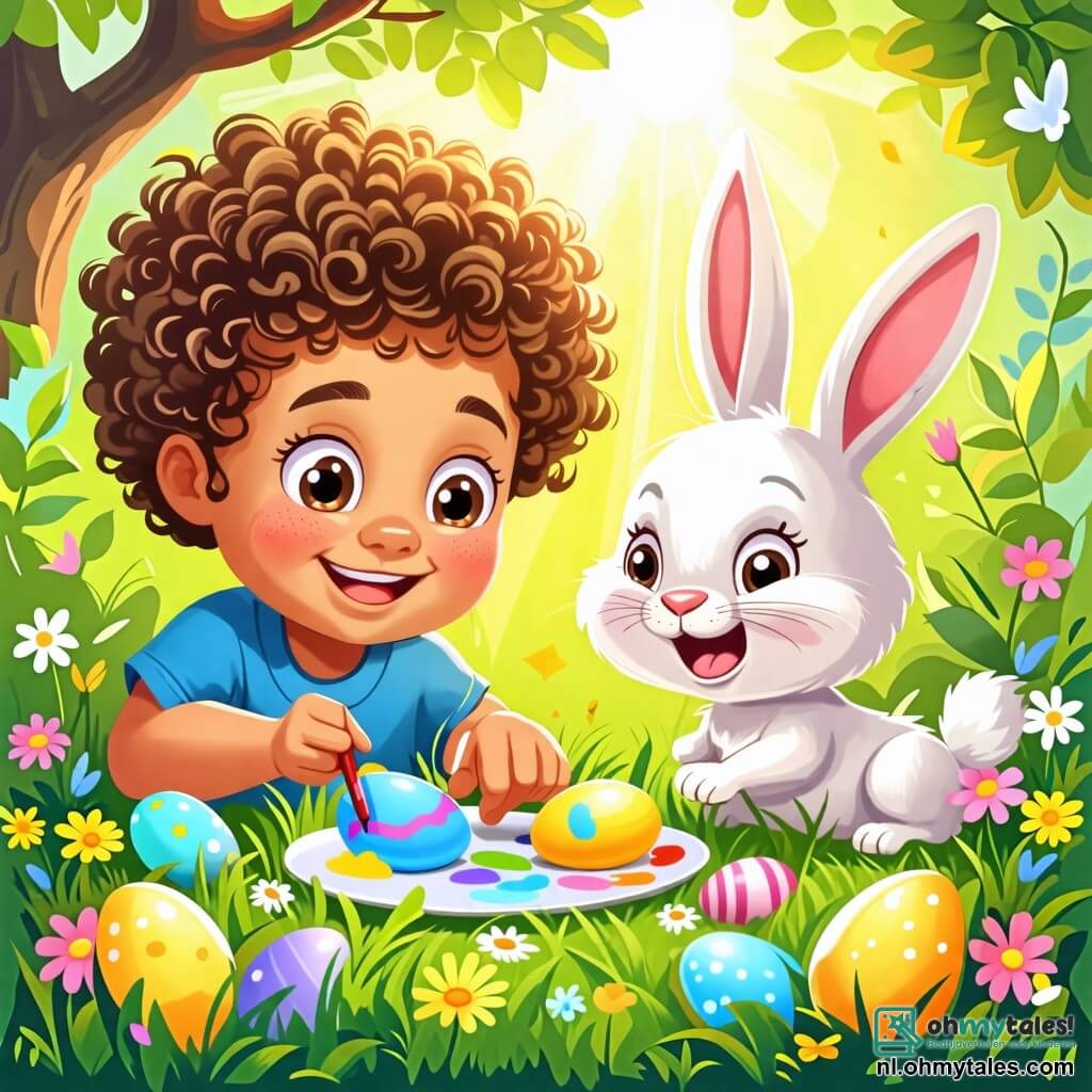 Une illustration sous forme de dessin destinée aux enfants représentant un jardin ensoleillé rempli de fleurs colorées et d'herbe verte, avec un garçon de 2 ans aux cheveux bouclés et aux yeux pétillants, joyeusement en train de peindre un œuf en bleu, tandis qu'à ses côtés, un petit lapin blanc aux grandes oreilles et au sourire malicieux, peint un œuf jaune, le tout dans une ambiance festive de Pâques, avec des œufs décorés éparpillés autour d'eux et des rayons de soleil illuminant la scène.
