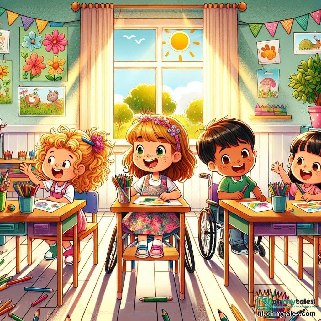 Illustratie van een heldere en uitnodigende klaslokaal, met muren in felle kleuren en tekeningen van dieren en bloemen aan de muur. In het midden laat een groot raam zonlicht binnen, dat de houten bureaus verlicht waar kinderen zitten. Links staat een vijfjarig meisje met krullend blond haar, in een mooie bloemenjurk, dat vrolijk glimlacht terwijl ze kleurpotloden vasthoudt. Rechts van haar staat een ander vijfjarig meisje met bruin haar en sproeten, dat een paardenstaart draagt en verwonderd kijkt naar een tekening die ze net heeft gemaakt. Daarnaast zit een meisje in een rolstoel, met zwart haar en een grote glimlach, dat trots haar kleurrijke tekening aan haar vriendinnen laat zien. De scène toont de kinderen die hun artistieke creaties delen, omringd door papier en verspreide kleurpotloden op de bureaus. Groene planten versieren de ruimte en voegen een vleugje natuur toe. De sfeer is vrolijk en vriendelijk, wat de opwinding en magie van de start van het schooljaar illustreert.