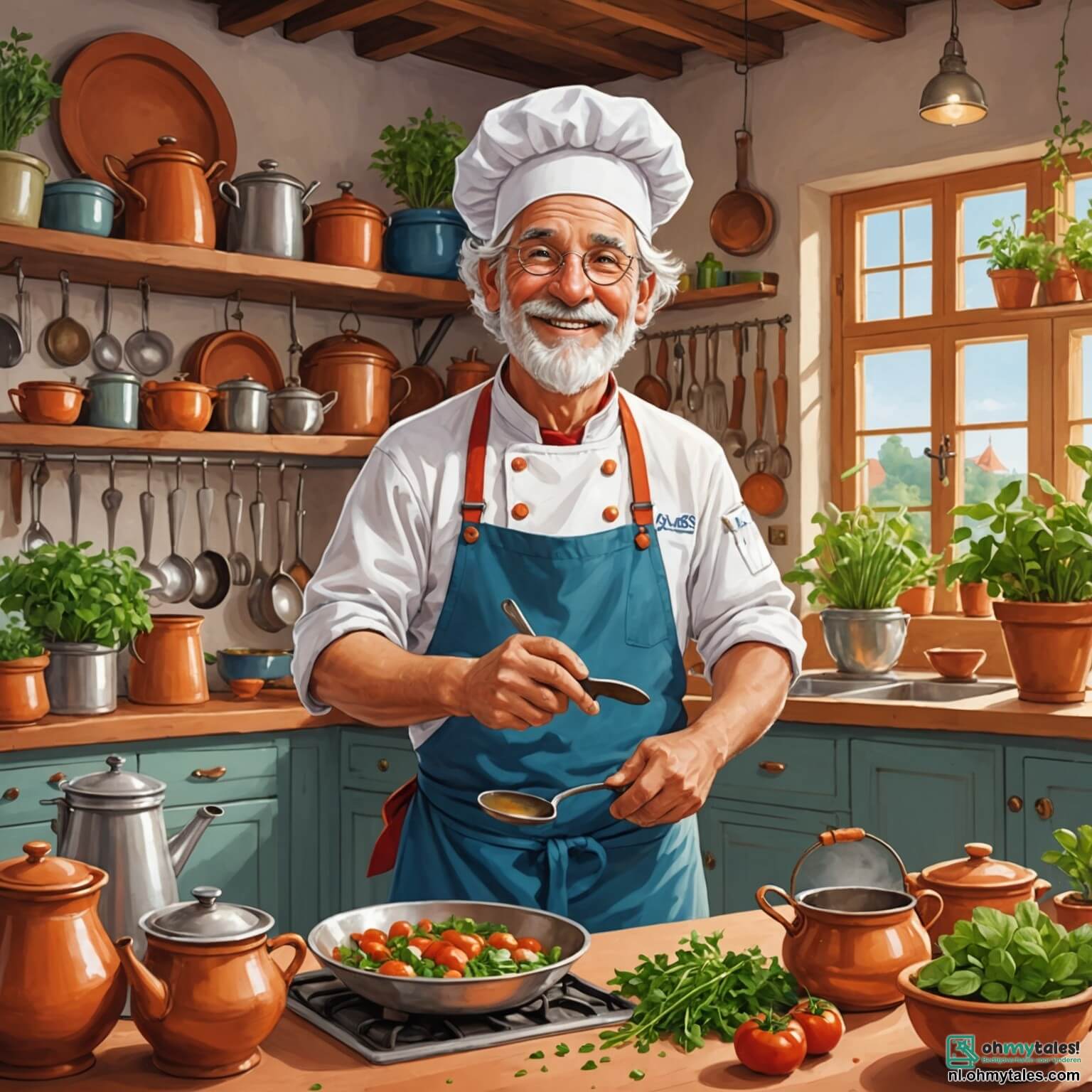Une illustration destinée aux enfants représentant un homme jovial aux cheveux argentés, vêtu d'une toque blanche impeccable et d'un tablier coloré, se tenant au milieu d'une cuisine éclatante de lumière, où des casseroles en cuivre brillent comme des étoiles, des herbes fraîches dans des pots en terre cuite embaument l'air de leurs arômes envoûtants, et une grande table en bois massif est chargée d'ingrédients colorés, tandis qu'une petite fille aux boucles dorées, pleine de curiosité, et un garçon espiègle aux yeux pétillants, armés de couteaux en plastique et de sourires éclatants, l'observent attentivement, impatients d'apprendre les secrets de la cuisine magique qui se déroule dans ce restaurant chaleureux, "La Graine d'Étoile", où chaque plat est une œuvre d'art et chaque repas une fête.