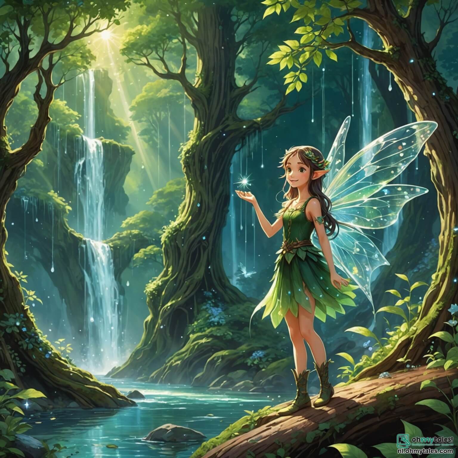 Une illustration destinée aux enfants représentant une délicate elfe aux ailes scintillantes comme des gouttes de rosée, se tenant au bord d'une cascade étincelante dans une forêt enchantée où les arbres majestueux aux troncs noueux s'élèvent vers le ciel, leurs feuilles d'un vert éclatant dansant au gré du vent, tandis qu'elle cherche à rassembler ses amis, un courageux elfe au sourire éclatant et une sage fée aux cheveux argentés, pour sauver leur royaume menacé par une ombre mystérieuse qui s'étend sur les prairies fleuries et les rivières chantantes, illuminant le paysage de couleurs vives et de magie.