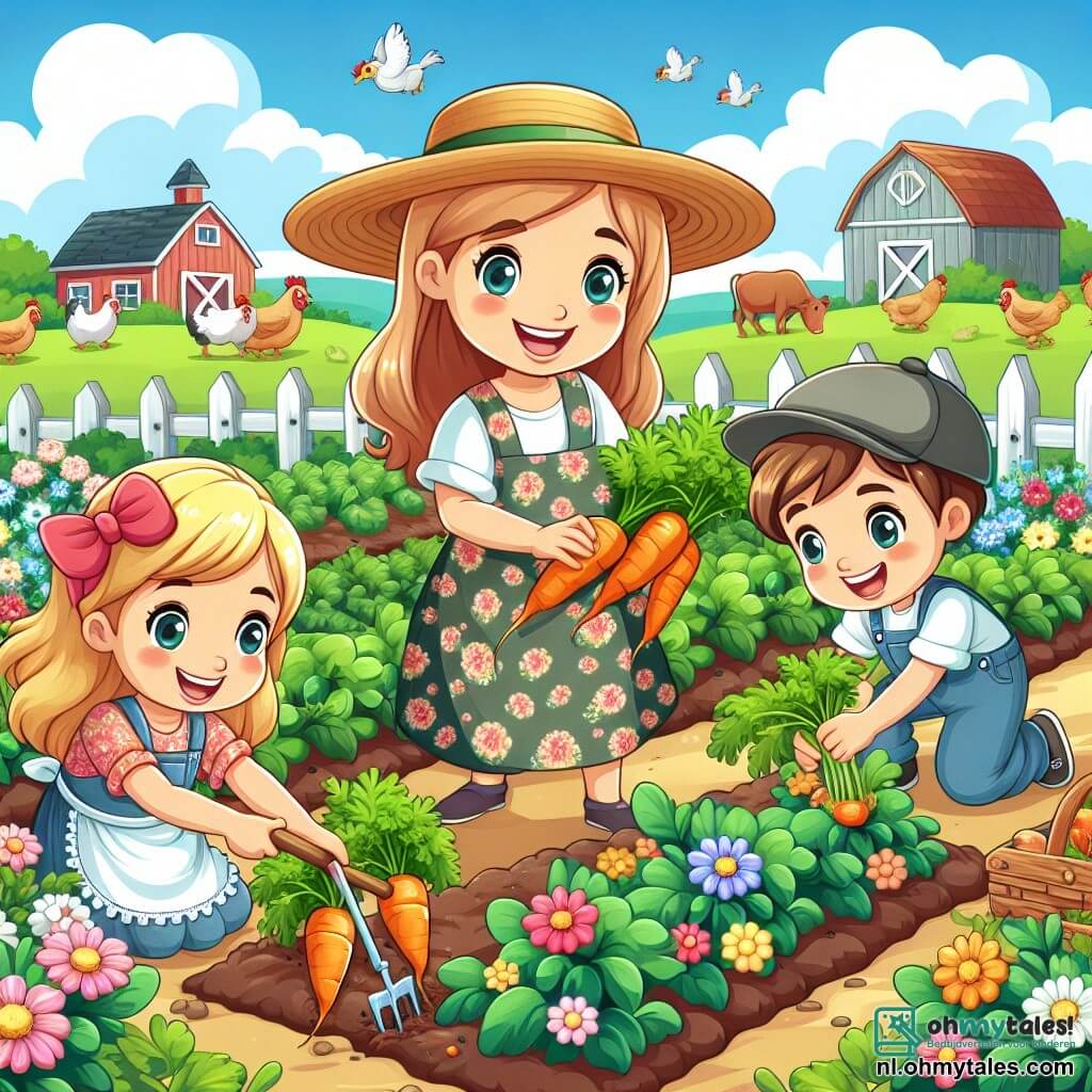 Une illustration sous forme de dessin destinée aux enfants représentant une ferme ensoleillée avec des champs verdoyants et des fleurs colorées, où une femme souriante portant un chapeau de paille et une robe à fleurs récolte des carottes dans un potager, tandis que deux enfants, une fille aux cheveux blonds avec un nœud et un garçon portant une casquette, l'aident joyeusement en tirant des légumes de la terre, entourés de poules picorant le sol et de vaches paisiblement broutant en arrière-plan.