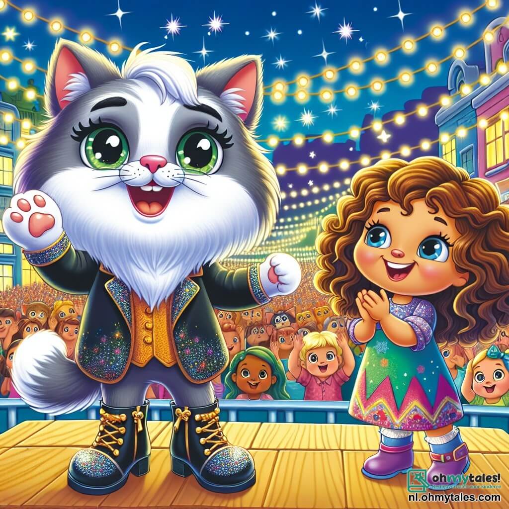 Une illustration sous forme de dessin destinée aux enfants représentant une scène vibrante dans le parc animé de Technopolis, où un chat élégant aux pelage soyeux et aux bottes brillantes, avec des yeux verts pétillants, se tient sur une scène en bois, souriant et levant une patte pour saluer une foule joyeuse, tandis qu'une jeune fille aux cheveux bouclés et au visage rayonnant, vêtue d'une robe colorée, applaudit avec enthousiasme à ses côtés, entourés de lumières scintillantes et de décorations festives, illustrant le moment où ils célèbrent un grand festival pour apporter de la joie et du changement à leur ville.