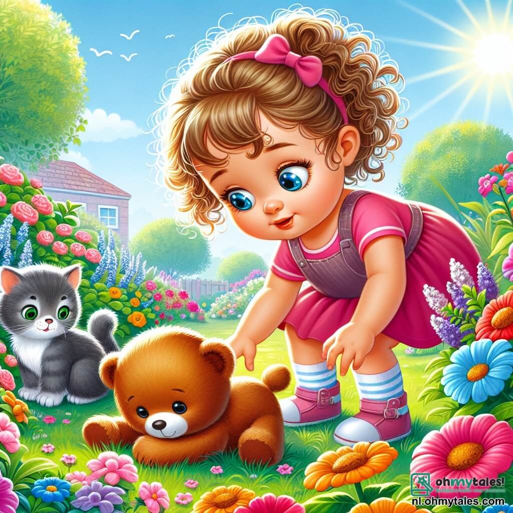 Une illustration sous forme de dessin destinée aux enfants représentant un jardin ensoleillé, rempli de fleurs colorées et de verdure, où une petite fille de 1 an aux cheveux bouclés et aux yeux pétillants, portant une robe rose, se penche avec curiosité pour ramasser sa douce peluche en forme d'ours, tandis qu'à ses côtés, un chaton aux poils gris et aux yeux verts, assis sur l'herbe, l'observe avec un air malicieux, le tout capturant l'instant joyeux où la petite fille retrouve son précieux compagnon perdu.