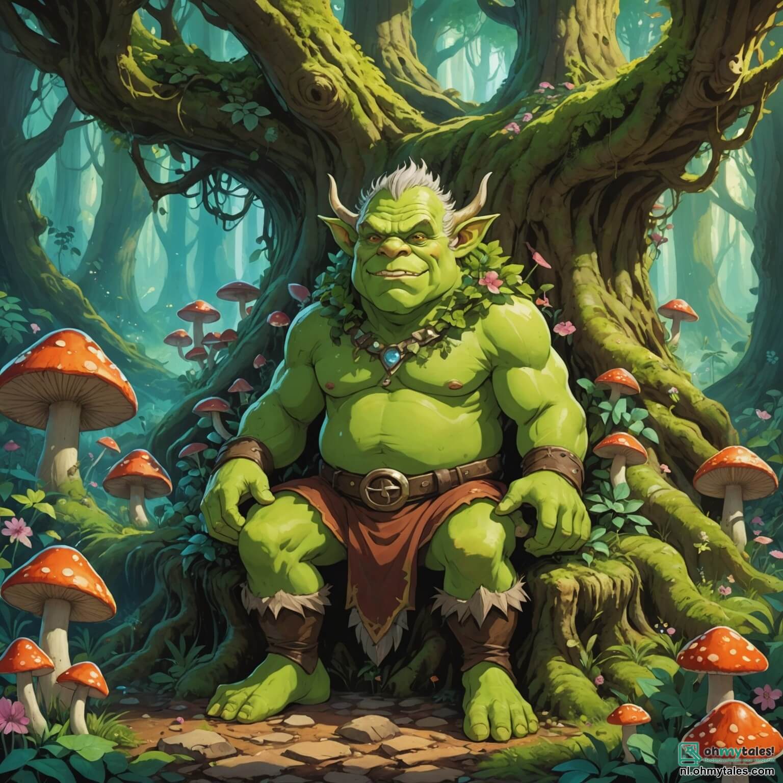 Une illustration destinée aux enfants représentant un ogre au teint verdâtre, aux oreilles pointues et aux yeux pétillants de malice, assis sur un trône de racines entrelacées dans une clairière enchantée, entouré de fleurs luminescentes et de champignons colorés, tandis qu'il guide deux jeunes aventuriers, une fille au regard curieux et un garçon au sourire espiègle, à travers les mystères d'un bois mystérieux où les arbres majestueux murmurent des secrets anciens et où la lumière du soleil filtre à travers le feuillage dense, créant un tableau féerique d'ombres dansantes et de couleurs éclatantes.