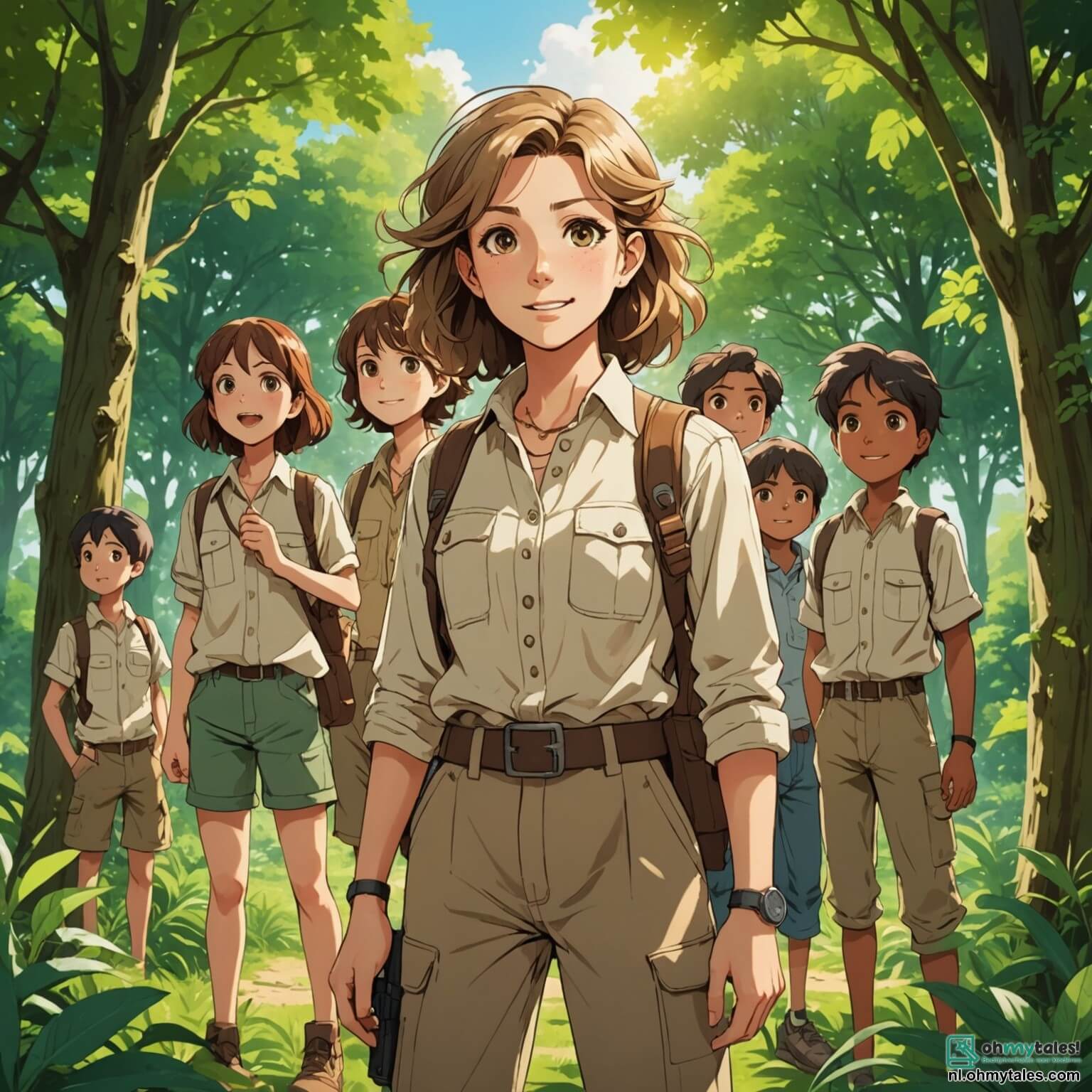 Une illustration destinée aux enfants représentant une archéologue intrépide, une femme à la chevelure ébouriffée et aux yeux pétillants de curiosité, vêtue d'une chemise en lin beige et d'un pantalon cargo, se tenant au milieu d'un parc verdoyant, où les rayons du soleil filtrent à travers les feuillages des grands arbres, tandis qu'elle guide un groupe de six enfants, trois filles aux rires cristallins et trois garçons aux visages pleins d'émerveillement, tous armés de petits pelles et de seaux colorés, en quête d'une mystérieuse trésor enfoui sous la terre, dans une ambiance d'excitation palpable et de découvertes fascinantes.