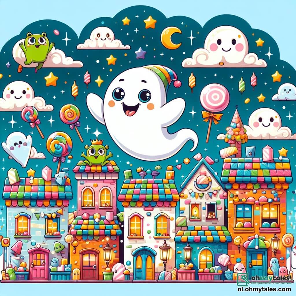 Une illustration destinée aux enfants représentant un petit fantôme espiègle, flottant joyeusement dans un village coloré aux maisons en bonbons, où les murs sont peints de couleurs vives et les toits en sucre d’orge, entouré de créatures rigolotes comme une grenouille chantante à lunettes et un chat aux rayures multicolores, tous réunis pour préparer une fête pleine de rires et de surprises, tandis que le ciel est parsemé de nuages en forme de guimauve et que des étoiles scintillantes dansent au-dessus de leurs têtes, créant une ambiance magique et joyeuse.