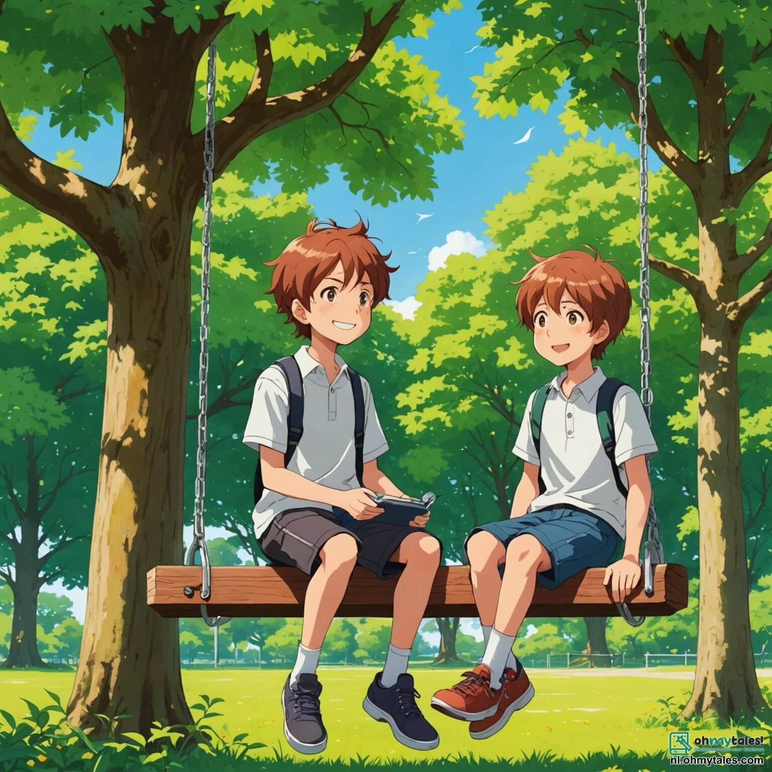 Une illustration destinée aux enfants représentant un garçon aux cheveux châtains et aux yeux pétillants, assis sur une balançoire dans un parc ensoleillé, entouré d'arbres majestueux aux feuilles vertes éclatantes, où il partage ses préoccupations avec son meilleur ami, un garçon plein d'énergie, tout en observant ses parents, un homme au regard fatigué et une femme au sourire doux, qui discutent à l'ombre d'un grand chêne, illustrant ainsi les défis de la vie familiale et l'importance de la communication entre les générations.
