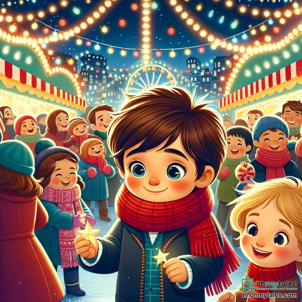 Une illustration sous forme de dessin destinée aux enfants représentant une charmante scène de Noël sur une fête foraine illuminée, où un garçon de 11 ans aux cheveux châtains et aux yeux pétillants, vêtu d'une écharpe rouge et d'une veste bleue, cherche sa mère dans la foule joyeuse, tandis qu'un autre garçon de son âge, aux cheveux blonds et souriant, l'accompagne, tenant une petite étoile en papier qu'ils viennent de fabriquer ensemble, alors qu'autour d'eux, des familles rient et dansent au son de la musique festive, créant une atmosphère magique et chaleureuse.