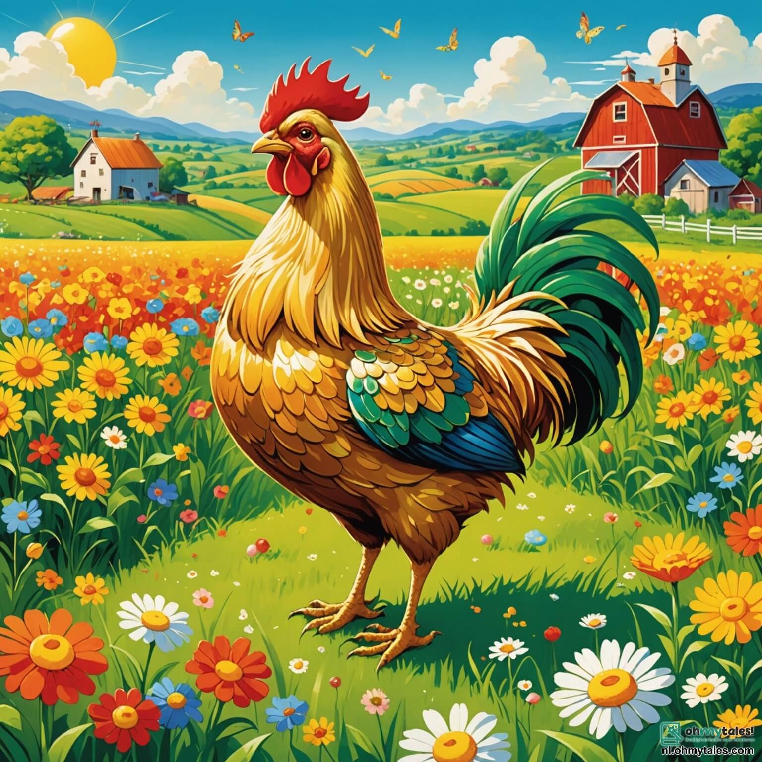 Une illustration destinée aux enfants représentant une poule au plumage doré et brillant, pleine de vie et d'énergie, se tenant fièrement au milieu d'une ferme colorée où les champs verdoyants s'étendent à perte de vue, parsemés de fleurs éclatantes et de papillons dansant autour d'elle, tandis qu'elle rêve de pondre le plus gros œuf jamais vu, entourée de ses fidèles amis, un chien espiègle à la fourrure brune et un lapin aux grandes oreilles blanches, tous deux impatients de participer à une course hilarante pour voir qui pourra produire l'œuf le plus impressionnant dans cette ambiance joyeuse et ensoleillée, où les rires et les cris d'excitation résonnent à chaque coin de la ferme.