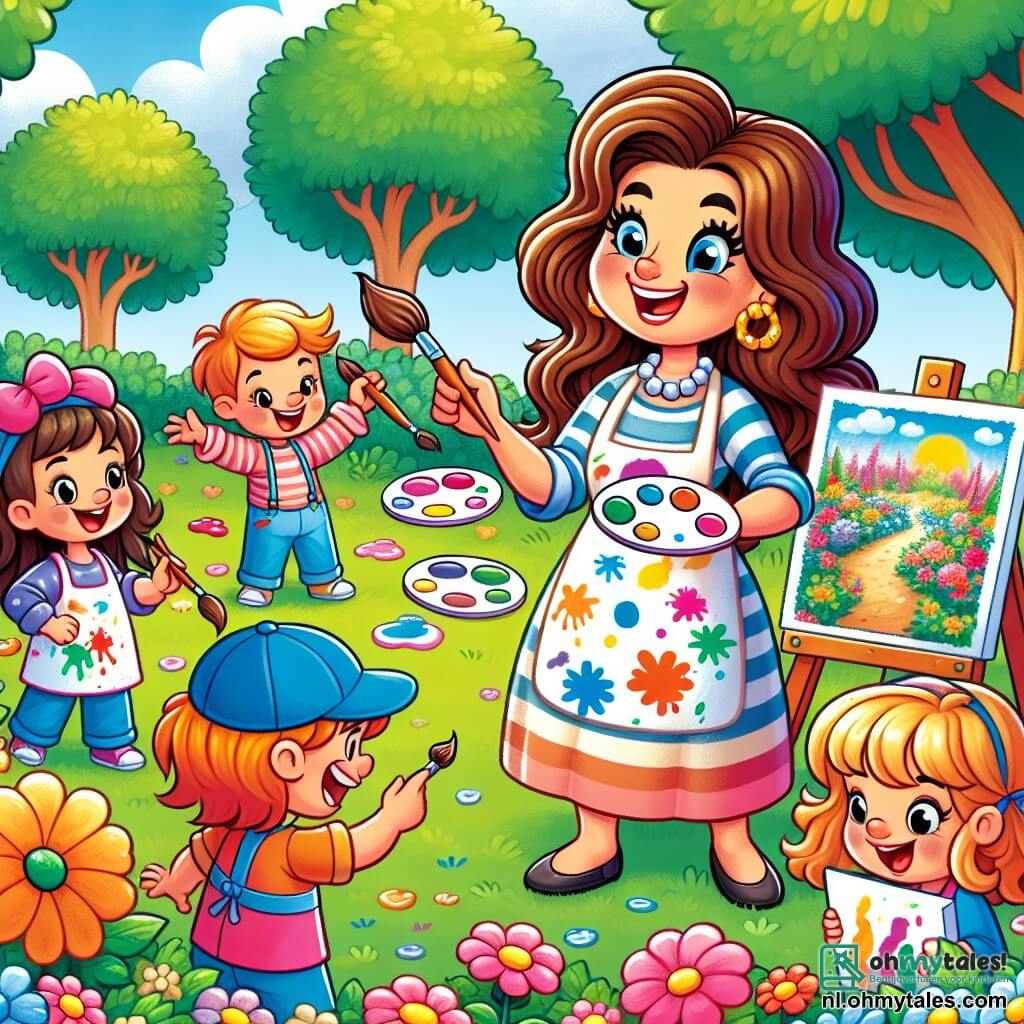 Une illustration sous forme de dessin destinée aux enfants représentant un parc ensoleillé, rempli de fleurs colorées et d'arbres verdoyants, où une femme joyeuse aux cheveux longs et ondulés, vêtue d'un schort éclaboussé de peinture, montre à un groupe d'enfants, dont une fille avec une grande strik dans les cheveux et un garçon portant une casquette bleue, comment peindre des scènes colorées sur de petites toiles, tandis qu'ils rient et s'émerveillent devant leurs créations artistiques vibrantes.