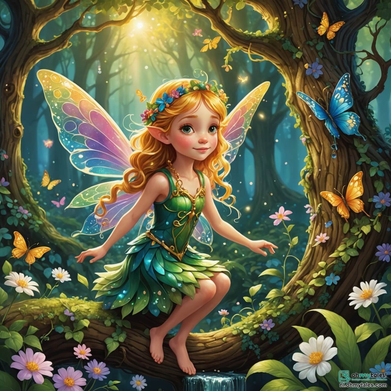 Une illustration destinée aux enfants représentant une petite elfe pétillante aux ailes scintillantes comme des papillons multicolores, avec des cheveux dorés en cascade et des yeux pétillants de malice, se trouvant dans une forêt enchantée où les arbres géants aux troncs torsadés sont ornés de fleurs luminescentes et de lianes chatoyantes, tandis qu'elle tente de retrouver son précieux collier de perles de rosée volé par un drôle de dragon aux écailles arc-en-ciel, accompagné de son ami le hibou sage aux plumes douces et aux lunettes rondes, le tout baigné dans une lumière dorée filtrée par le feuillage, créant une ambiance magique et pleine de rires.
