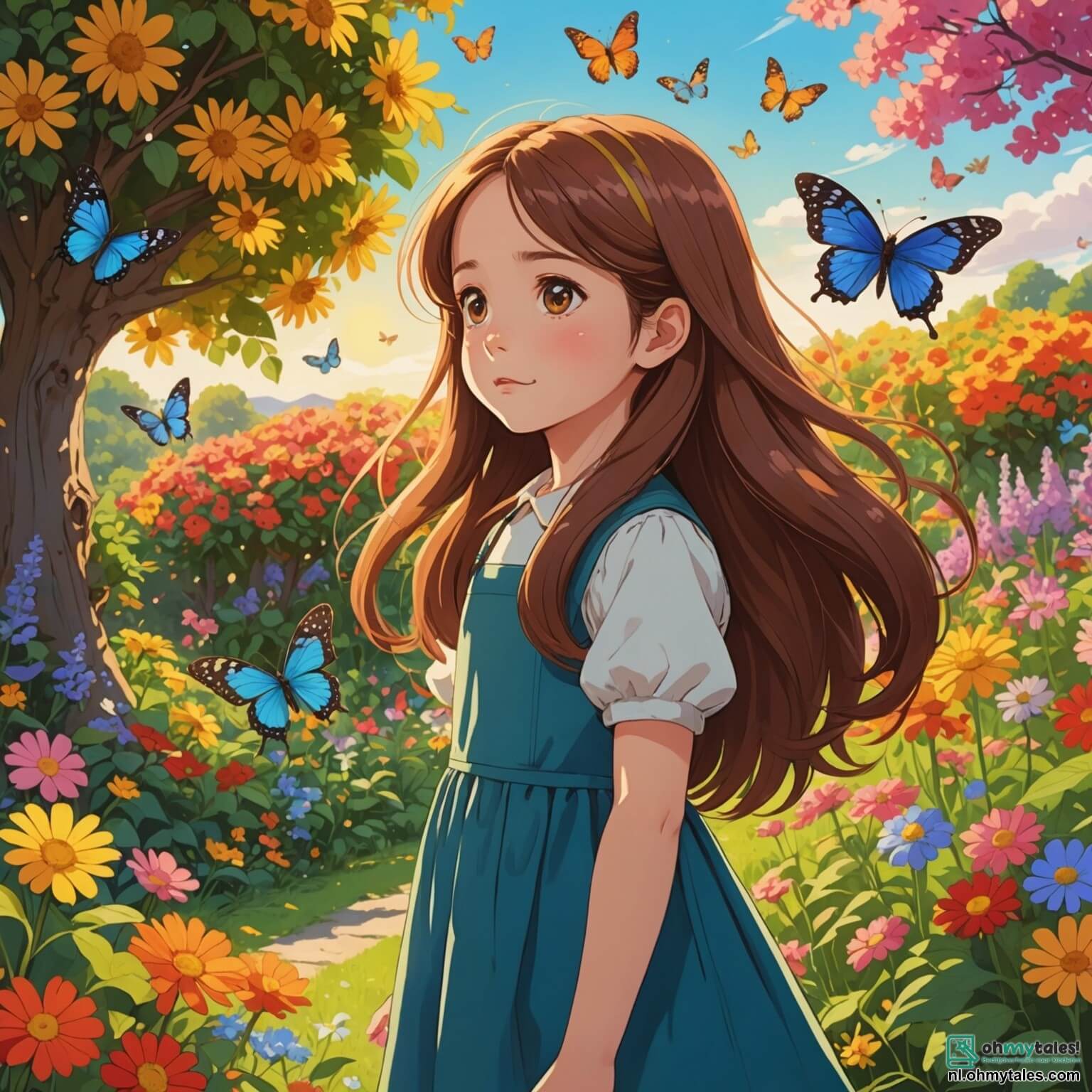 Une illustration destinée aux enfants représentant une petite fille aux longs cheveux châtains flottant au vent, ses yeux pétillants de curiosité et de tristesse, se tenant dans un jardin coloré rempli de fleurs éclatantes et de papillons virevoltant autour d'elle, alors qu'elle observe ses parents, un homme au regard sérieux et une femme au sourire fatigué, se disputant dans la lumière dorée du soleil couchant, tandis que ses amis, une fille aux cheveux blonds et un garçon aux lunettes rondes, tentent de la réconforter avec des rires et des jeux, tous entourés par le doux parfum des roses et le chant des oiseaux, créant un contraste entre la joie de l'enfance et les tensions des adultes.