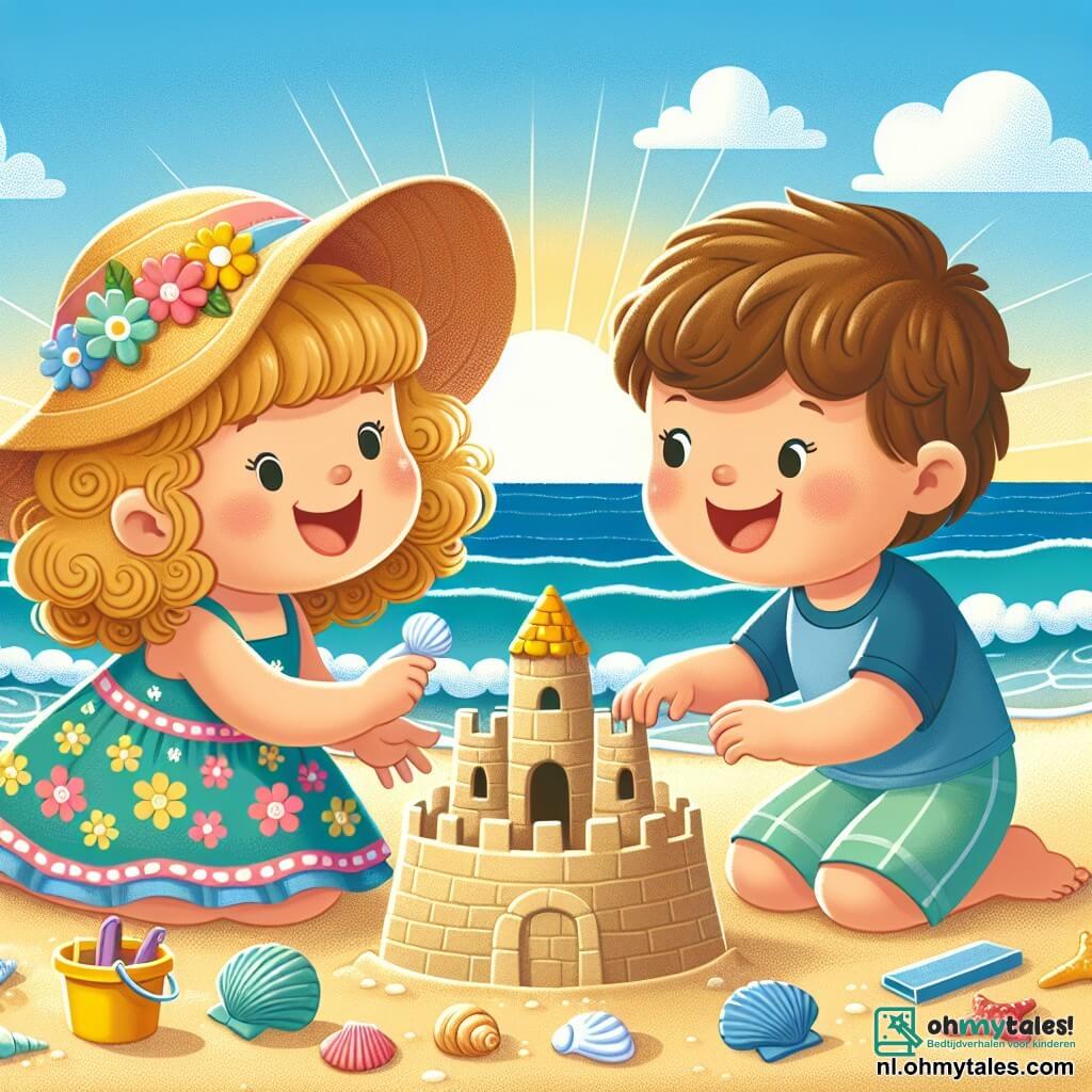 Une illustration sous forme de dessin destinée aux enfants représentant une plage ensoleillée avec du sable doré et des vagues douces, où une petite fille de 5 ans aux cheveux bouclés et blonds, portant une robe colorée et un chapeau de paille, s'amuse à construire un grand château de sable, tandis qu'un garçon de 7 ans aux cheveux bruns et courts, vêtu d'un maillot de bain bleu, l'aide en ajoutant des coquillages décoratifs, le tout sous un ciel bleu clair parsemé de quelques nuages blancs, illustrant la joie des vacances d'été et l'amitié naissante entre les deux enfants.