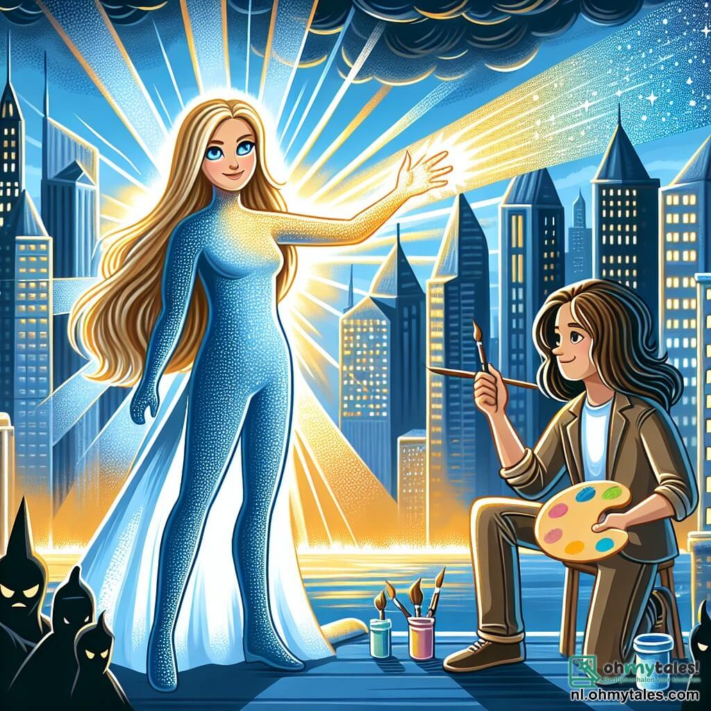 Une illustration sous forme de dessin destinée aux enfants représentant une ville moderne avec des gratte-ciels scintillants sous un ciel bleu, où une femme super-héroïne aux longs cheveux dorés et aux yeux bleu clair, vêtue d'un costume brillant qui émet des éclats de lumière, se tient fièrement au centre, lançant des rayons de lumière pour combattre une silhouette sombre et menaçante, tandis qu'un jeune homme aux cheveux bruns et à l'allure artistique, tenant une palette de peinture, l'encourage avec un sourire, symbolisant l'unité et la force de la communauté face à l'adversité.
