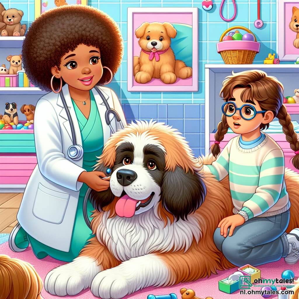 Une illustration sous forme de dessin destinée aux enfants représentant une clinique vétérinaire lumineuse et colorée, avec des murs peints en pastel et des jouets pour animaux éparpillés, où une femme vétérinaire aux cheveux bouclés et portant une blouse blanche examine attentivement un grand chien aux poils laineux, tandis qu'un garçon aux lunettes et une fille aux longues tresses, tous deux curieux, observent la scène avec des expressions émerveillées, alors que le chien, allongé sur une douce couverture, se prépare à recevoir des soins pour un petit problème de santé.