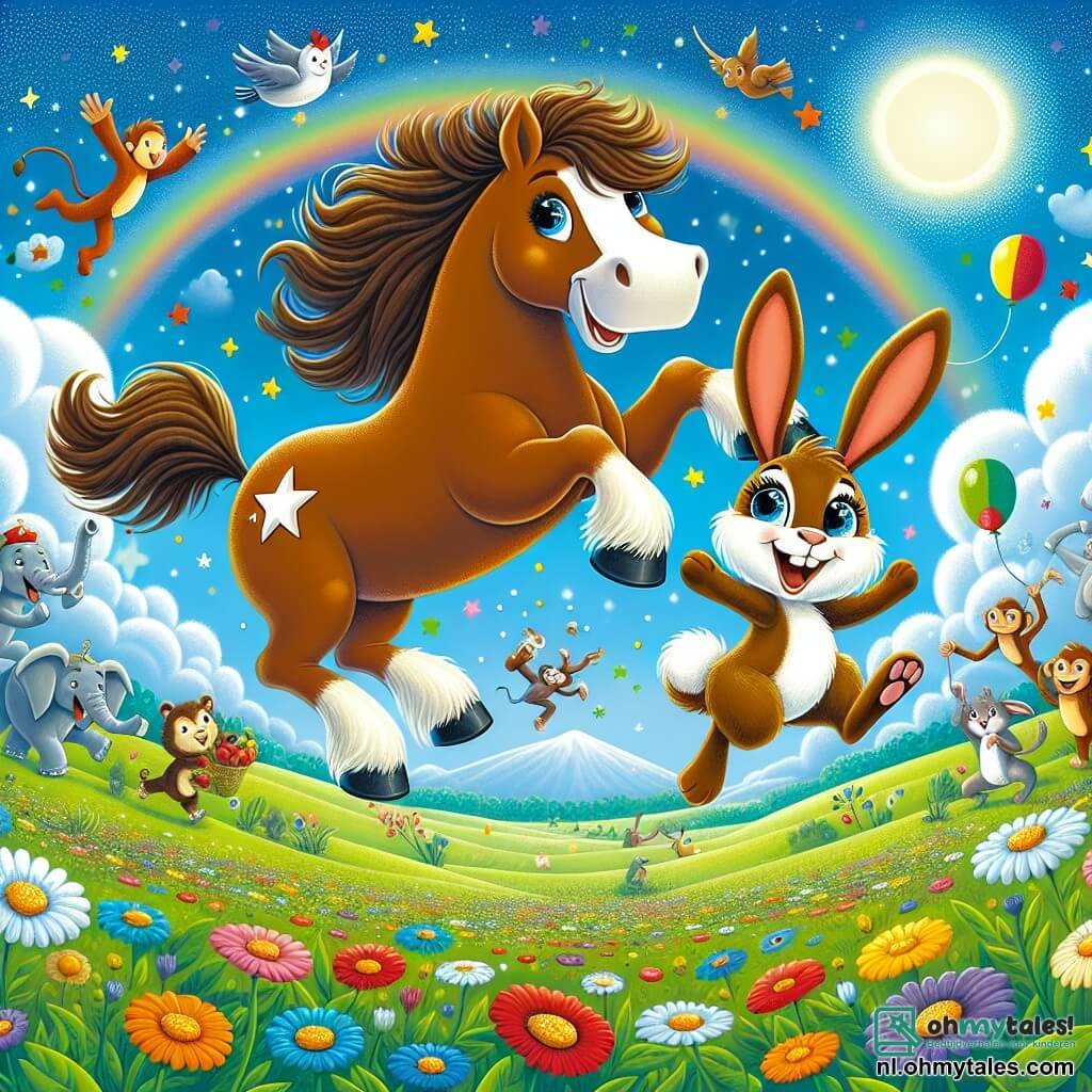 Illustratie van een vrolijke scène in een groot groen veld, bezaaid met kleurrijke bloemen die dansen in de zachte bries. In het midden springt een prachtig paard met een glanzende bruine vacht en een witte ster op zijn voorhoofd vrolijk over een klein konijn met grote oren, dat zich voorbereidt om te dansen. Het paard, met zijn golvende manen, toont een stralende glimlach, terwijl het konijn, met zijn ondeugende sprankelende ogen, op zijn achterpoten staat, klaar om een pirouette te maken. Op de achtergrond voegt een groep dieren, waaronder een olifant die een bal in evenwicht houdt en apen die met appels jongleren, een vleugje magie toe aan de scène. De lucht is helderblauw, bezaaid met donzige wolken, en vogels zingen vrolijk, wat een feestelijke en plezierige sfeer creëert.
