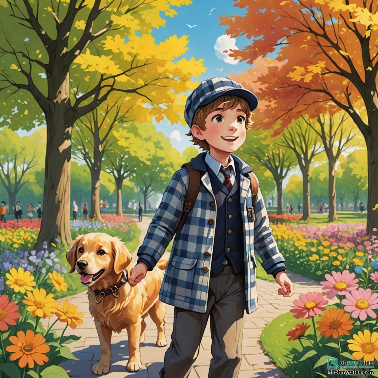 Une illustration destinée aux enfants représentant un garçon aux yeux pétillants de curiosité, vêtu d'une casquette à carreaux et d'un manteau d'enquêteur, se tenant au milieu d'un parc ensoleillé où les fleurs colorées dansent au gré du vent et où les rires des enfants résonnent autour de lui, tandis qu'il scrute attentivement les environs à la recherche de son fidèle golden retriever, un compagnon à quatre pattes à l'enthousiasme contagieux, qui a mystérieusement disparu, tout en étant accompagné de sa meilleure amie, une fille à la chevelure dorée tressée, qui l'encourage avec un sourire déterminé à résoudre ce mystère au cœur de leur village pittoresque, où les arbres majestueux forment un toit verdoyant et où les oiseaux chantent des mélodies joyeuses.