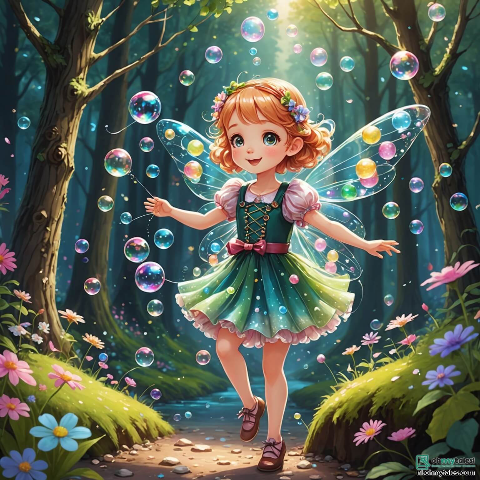 Une illustration destinée aux enfants représentant une petite fée pétillante aux ailes scintillantes comme des bulles de savon, avec une robe faite de pétales de fleurs multicolores, qui vole joyeusement au-dessus d'une forêt enchantée où les arbres sont en sucre d'orge et les ruisseaux scintillent comme des diamants, tandis qu'elle tente de sauver ses amis les Knuffelknaagjes, de petits animaux aux pelages duveteux et aux grands yeux ronds, qui sont en train de se cacher derrière des champignons géants aux couleurs vives, car une ombre malicieuse, la Stoute Schaduw, menace de rendre leur monde tout gris et triste.