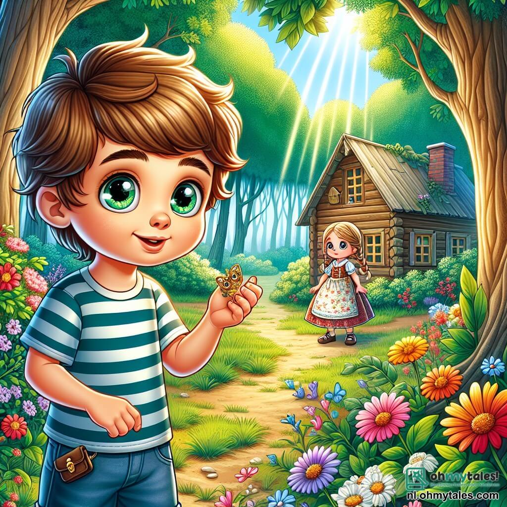 Une illustration sous forme de dessin destinée aux enfants représentant un parc verdoyant avec de grands arbres et des fleurs colorées, où un garçon de 5 ans aux cheveux bruns et aux yeux pétillants, vêtu d'un t-shirt rayé et d'un short, tient un petit clé dorée dans sa main, tandis qu'une fille de 5 ans aux cheveux blonds et tressés, portant une robe à fleurs, l'observe avec un sourire curieux, alors qu'ils découvrent ensemble un mystérieux chemin menant à un vieux maison en bois, symbolisant leur quête d'aventure et de mystère.