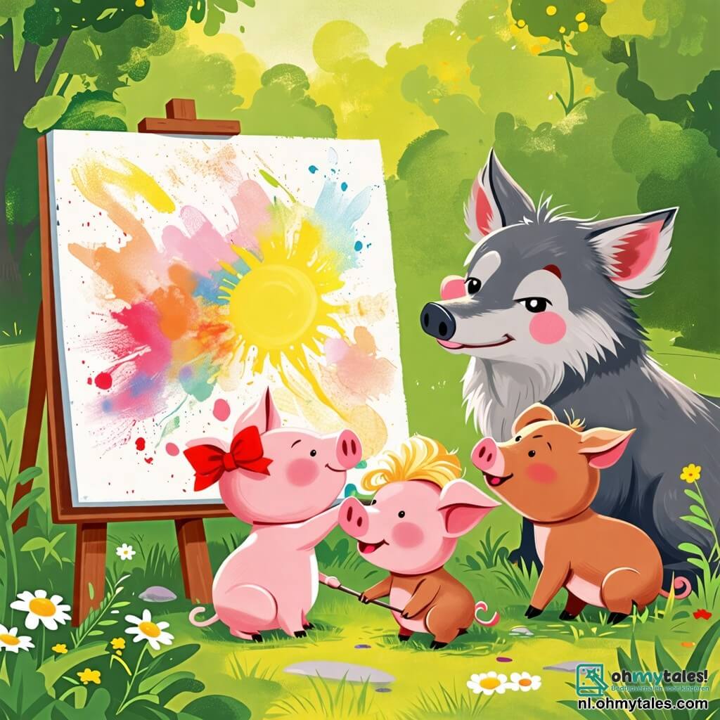 Une illustration sous forme de dessin destinée aux enfants représentant une scène ensoleillée dans une clairière verdoyante, où un petit cochon rose aux yeux pétillants et aux oreilles rondes, en train de peindre une grande fresque colorée sur un panneau en bois, est entouré de deux autres petits cochons : une petite cochonne blonde avec un nœud rouge dans les cheveux qui sourit joyeusement, et un petit cochon brun au regard curieux qui tient un pinceau, tandis qu'en arrière-plan, une silhouette de grand loup au pelage gris observe timidement, illustrant l'idée d'une amitié naissante et d'une acceptation mutuelle.