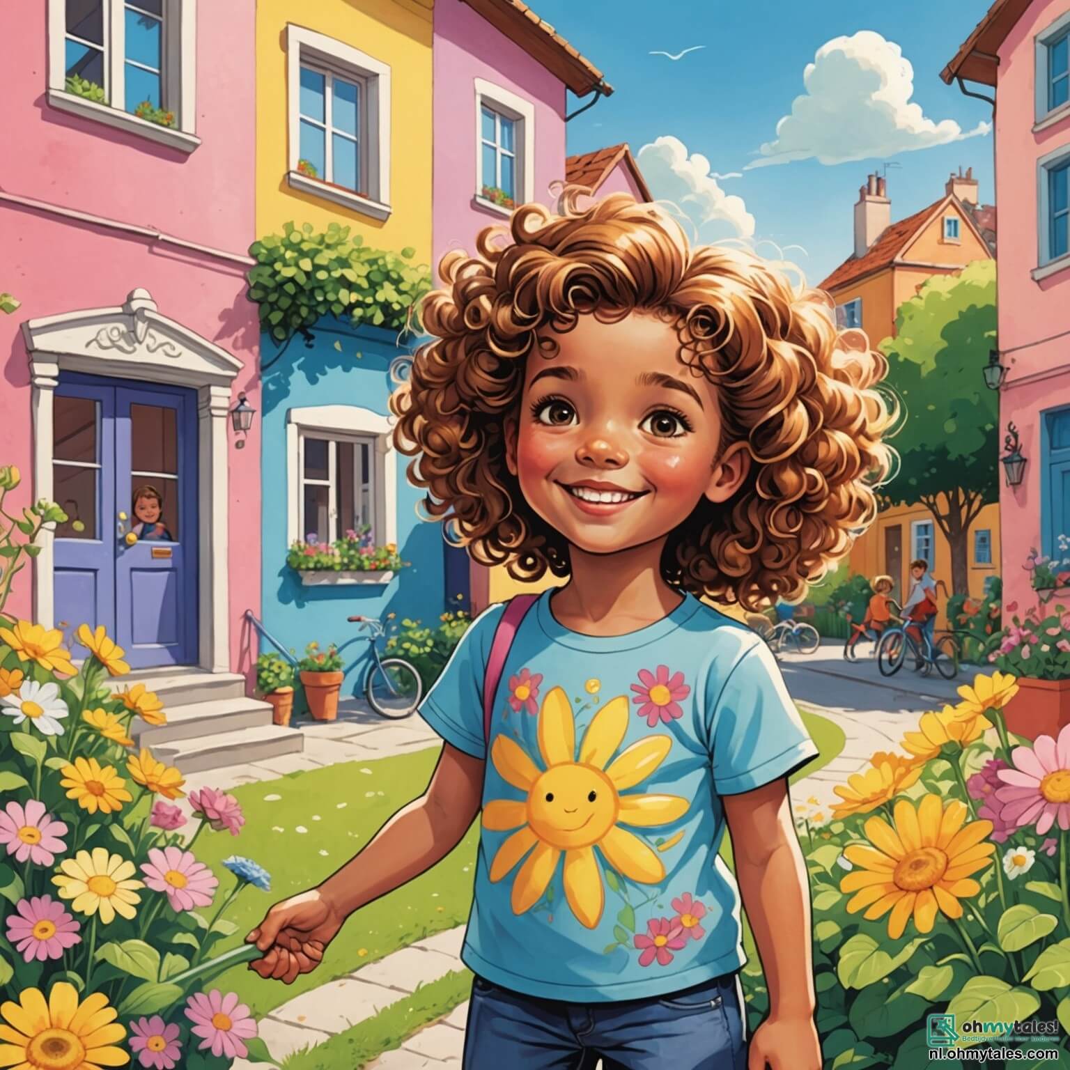 Une illustration destinée aux enfants représentant une petite fille aux cheveux bouclés et brillants comme des rayons de soleil, pleine de curiosité et de joie, qui se trouve dans une charmante ville colorée où les maisons sont peintes de teintes pastel et où les jardins regorgent de fleurs éclatantes, alors qu'elle fait la connaissance d'une nouvelle voisine, une fille au t-shirt de super-héros, dans une joyeuse cour de récréation remplie d'enfants, garçons et filles, jouant ensemble à des jeux de ballon, illustrant ainsi l'importance de l'égalité des sexes et de l'amitié.