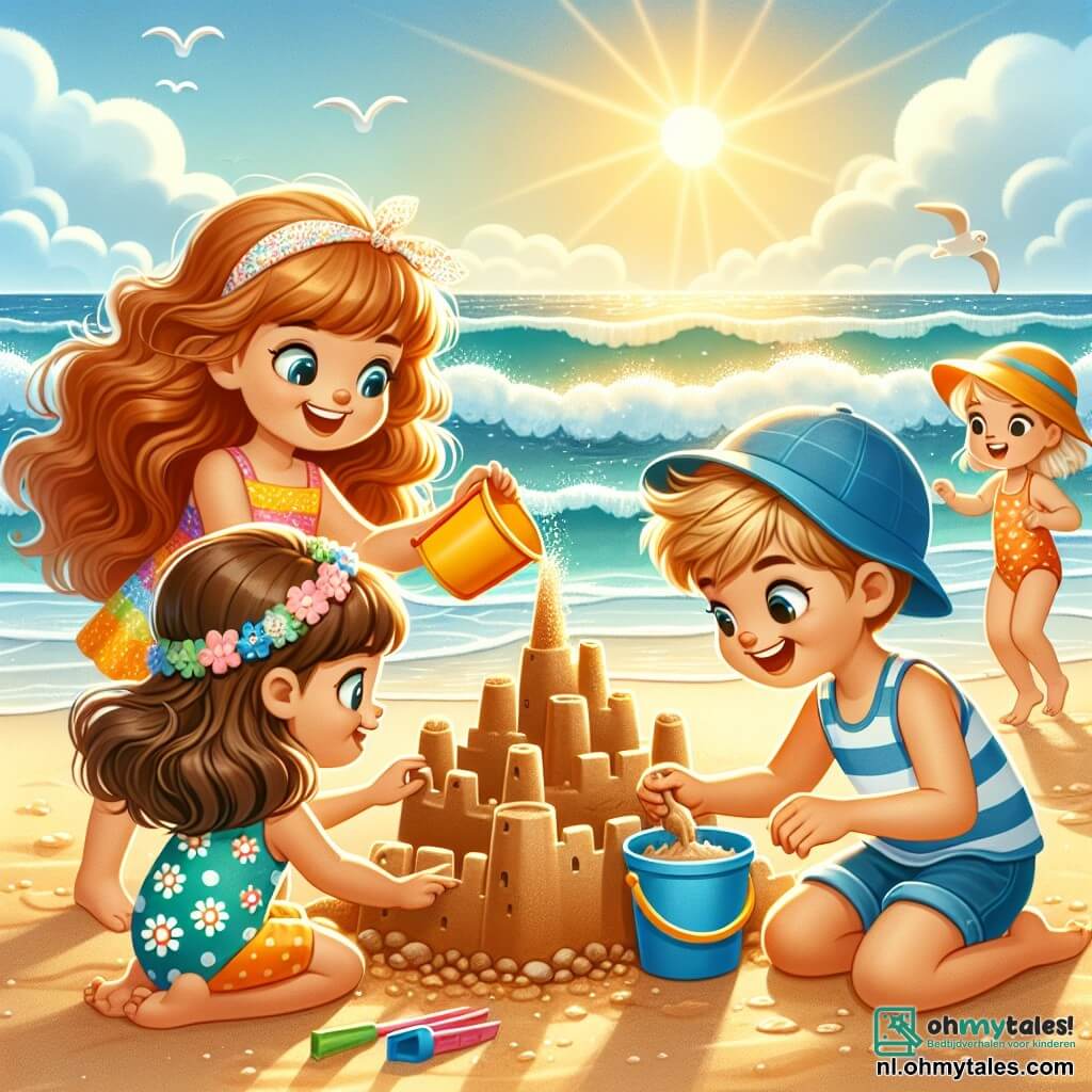 Une illustration sous forme de dessin destinée aux enfants représentant une plage ensoleillée avec du sable doré et des vagues scintillantes, où une fille de 9 ans aux longs cheveux châtains en désordre, portant un maillot de bain coloré, rit joyeusement en construisant un immense château de sable, tandis qu'un garçon de 8 ans aux cheveux blonds et une casquette bleue l'aide en remplissant un seau de sable, et une autre fille de 9 ans avec un chapeau de soleil et une robe à fleurs les rejoint pour admirer leur création, tous trois partageant un moment d'amitié et de bonheur estival.
