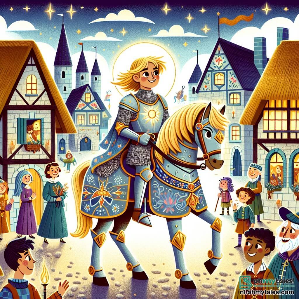 Une illustration destinée aux enfants représentant un courageux chevalier au cœur vaillant, vêtu d'une armure scintillante qui reflète les rayons du soleil, chevauchant son fidèle destrier à la crinière flamboyante à travers un village pittoresque aux maisons en pierre aux toits de chaume, où les habitants, des hommes et des femmes aux visages souriants, se rassemblent autour de la place centrale ornée d'une fontaine jaillissante, tandis qu'une jeune sorcière aux yeux pétillants et aux cheveux d'or, sa meilleure amie, se tient à ses côtés, prête à l'aider dans sa quête héroïque pour vaincre un redoutable sorcier qui menace de plonger leur royaume dans les ténèbres.