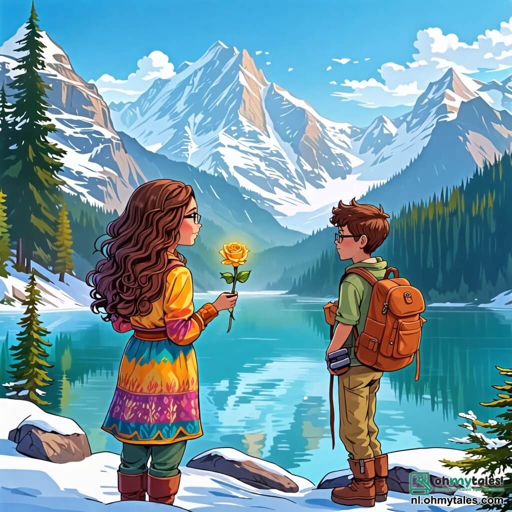 Une illustration sous forme de dessin destinée aux enfants représentant un magnifique lac cristallin entouré de montagnes enneigées, où une jeune femme aux cheveux longs et bouclés, vêtue d'une tunique colorée et d'un pantalon pratique, se tient avec émerveillement en tenant une rose dorée brillante dans ses mains, tandis qu'un garçon aux lunettes et à la chevelure brune, portant un sac à dos rempli d'outils d'exploration, l'observe avec un sourire enthousiaste, tous deux découvrant ensemble la magie des Gouden Rozen dans un moment d'aventure et d'amitié.