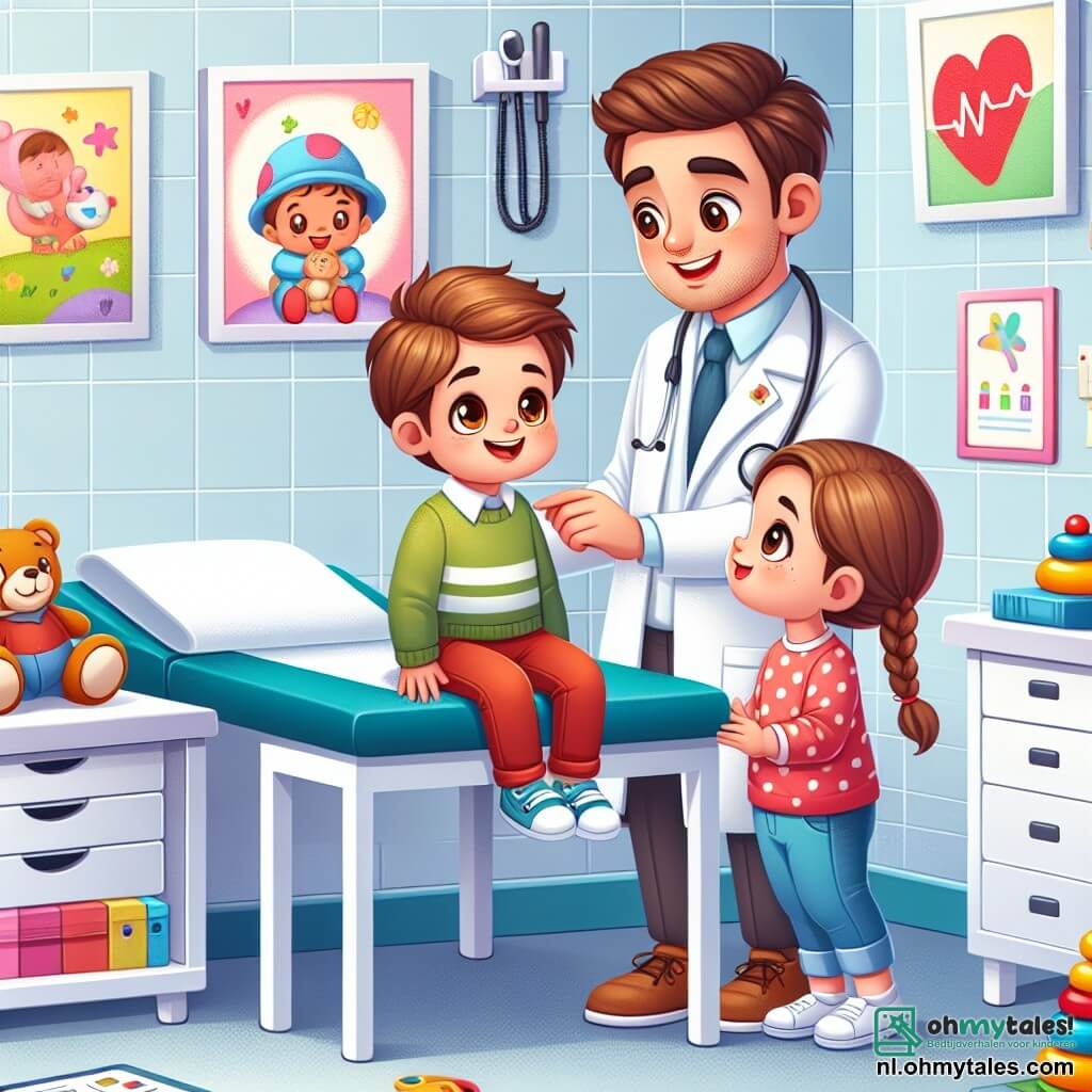 Une illustration sous forme de dessin destinée aux enfants représentant un cabinet médical coloré et accueillant, avec des murs ornés de dessins d'enfants, où un homme au sourire chaleureux, portant une blouse blanche et une stéthoscope autour du cou, examine un garçon aux cheveux bruns et aux yeux curieux, assis sur une table d'examen, tandis qu'une petite fille aux deux tresses observe avec intérêt, tous trois entourés de jouets et de livres, illustrant un moment de soin et de réconfort dans une atmosphère joyeuse et bienveillante.