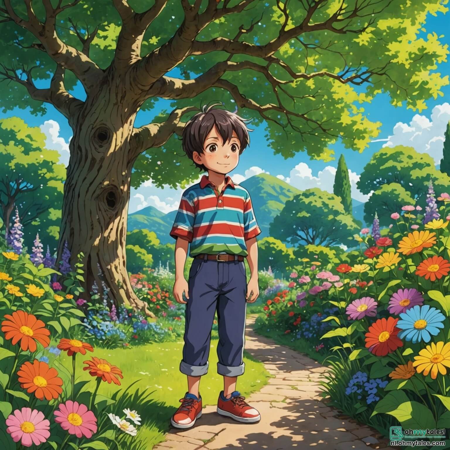 Une illustration destinée aux enfants représentant un petit garçon aux yeux pétillants de curiosité, vêtu d'une chemise à rayures colorées et de chaussures vives, se tenant au milieu d'une vaste et enchanteresse jardin, où des fleurs éclatantes dansent sous la douce brise et où une majestueuse vieille arbre aux branches étendues, semblable à un sage protecteur, lui parle avec une voix profonde et réconfortante, tandis qu'un vieux pêcheur à la barbe blanche, assis près d'une rivière scintillante comme des diamants, partage des leçons de vie avec lui, et une délicate et lumineuse papillon aux ailes multicolores virevolte autour d'eux, ajoutant une touche de magie à cette quête de vérité et de sagesse.