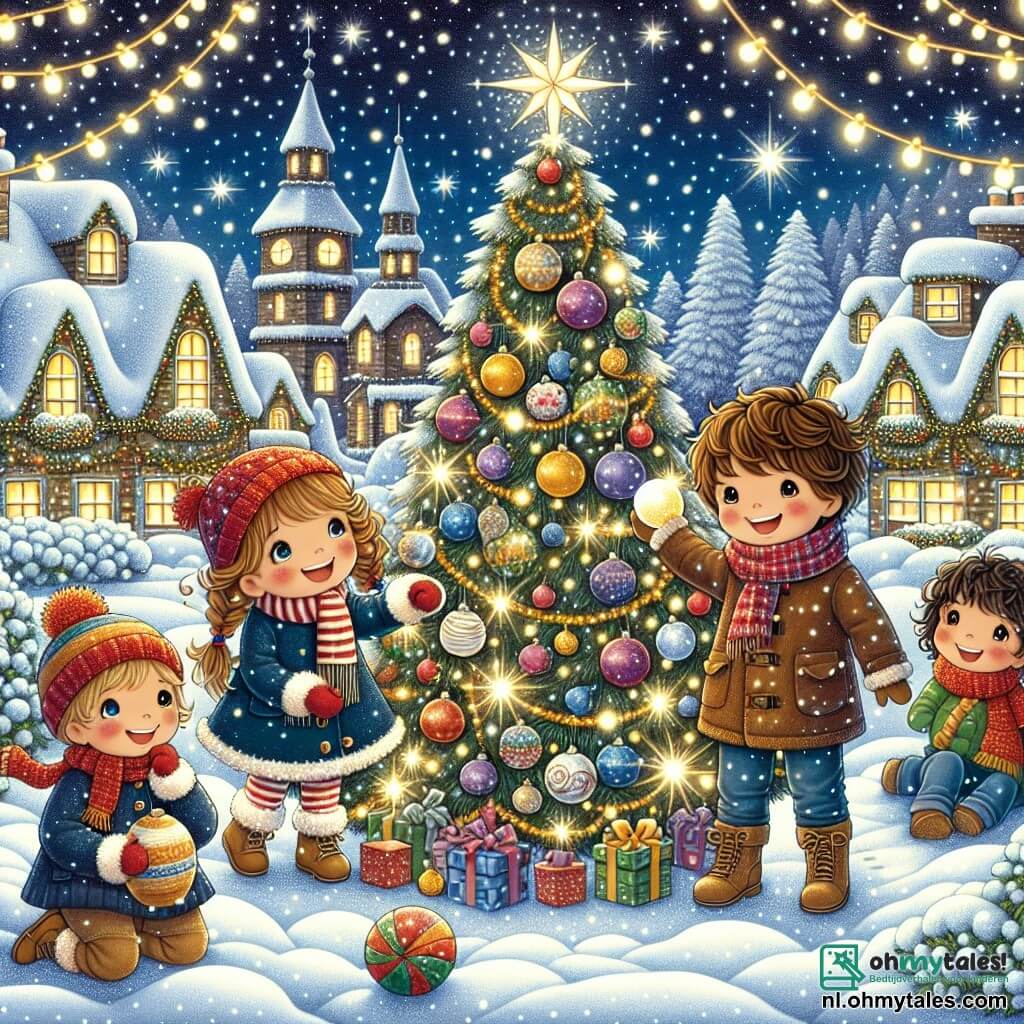 Illustratie van een charmant besneeuwd dorp, met huizen met sneeuwbedekte daken, versierd met fonkelende lichtjes. In het midden staat een grote kerstboom, majestueus versierd met gekleurde ballen en gouden slingers, die straalt onder een sterrenhemel. Vier kinderen staan rond de boom: een 8-jarig jongetje met rommelig bruin haar, een rode muts en een gestreepte sjaal, die vrolijk glimlacht terwijl hij een kerstbal vasthoudt. Naast hem staat een 7-jarig meisje met gevlochten blond haar in een blauwe jas, die een fonkelende ster op de top van de boom hangt. Een andere jongen van 6 jaar met kastanjebruin haar en wangen die door de kou zijn verhit, speelt met een grote sneeuwbal, terwijl een 9-jarig meisje met krullend haar en een stralende glimlach een lichtslinger vasthoudt die ze gaat ophangen. De scène straalt een feestelijke en blije sfeer uit, met sneeuwvlokken die zachtjes uit de lucht vallen, het gelach van kinderen dat in de lucht weerklinkt en fonkelende lichten die het winterlandschap verlichten.