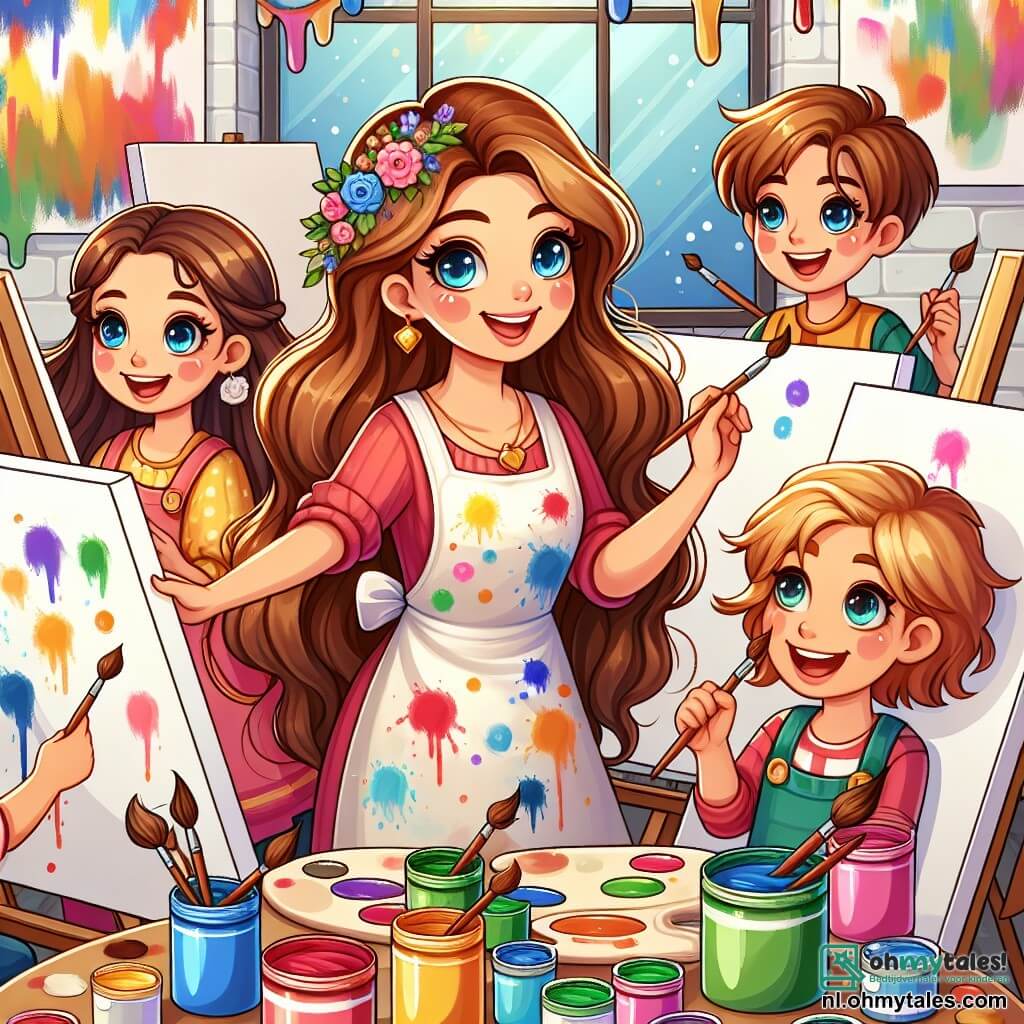 Une illustration sous forme de dessin destinée aux enfants représentant une lumineuse studio d'art remplie de toiles colorées et de pots de peinture, où une femme aux longs cheveux ondulés et aux yeux pétillants, vêtue d'un tablier éclaboussé de peinture, guide un groupe de quatre enfants (deux filles et deux garçons) aux visages joyeux et curieux, en train de peindre ensemble sur de grandes toiles blanches, illustrant ainsi la magie de la créativité et de la collaboration artistique.