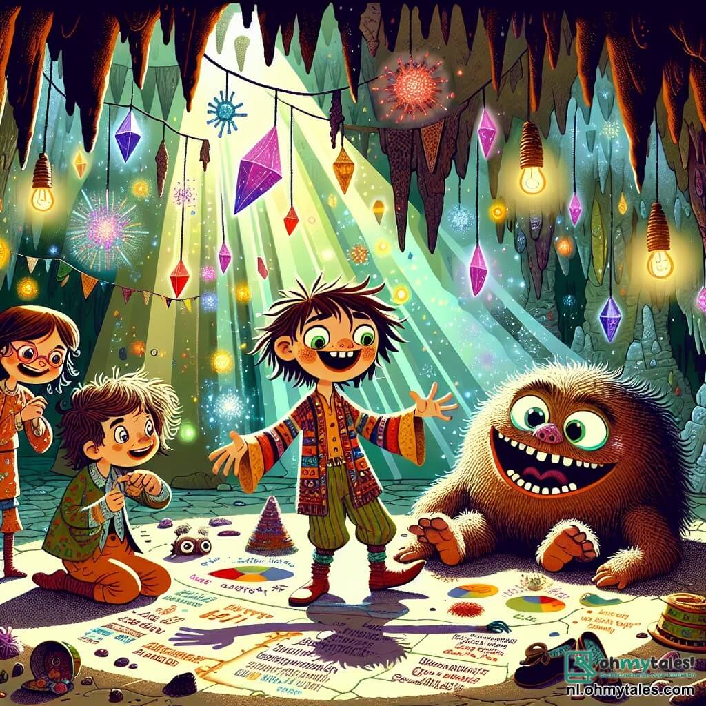 Illustratie van een grote mysterieuze grot, met wanden die schitteren van gekleurde kristallen, en dansende schaduwen gecreëerd door fakkels die aan de muren hangen. In het midden staat een jongen van ongeveer 10 jaar, met rommelig haar en sprankelende ogen, die aan het lachen is, gekleed in een kleurrijke tuniek. Naast hem staan twee meisjes van ongeveer 12 jaar, de ene met lange krullende haren en een ondeugende glimlach, en de andere met een kort kapsel en een bril, die nieuwsgierig kijken. Ze worden omringd door vreemde spellen en bizarre versieringen, terwijl een groot harig monster met een vriendelijke uitstraling en ronde ogen op de grond ligt en luid lacht. De scène straalt een vrolijke en speelse sfeer uit, waar vriendschap en avontuur samenkomen, met lichtflitsen en levendige kleuren die het geheel boeiend maken.