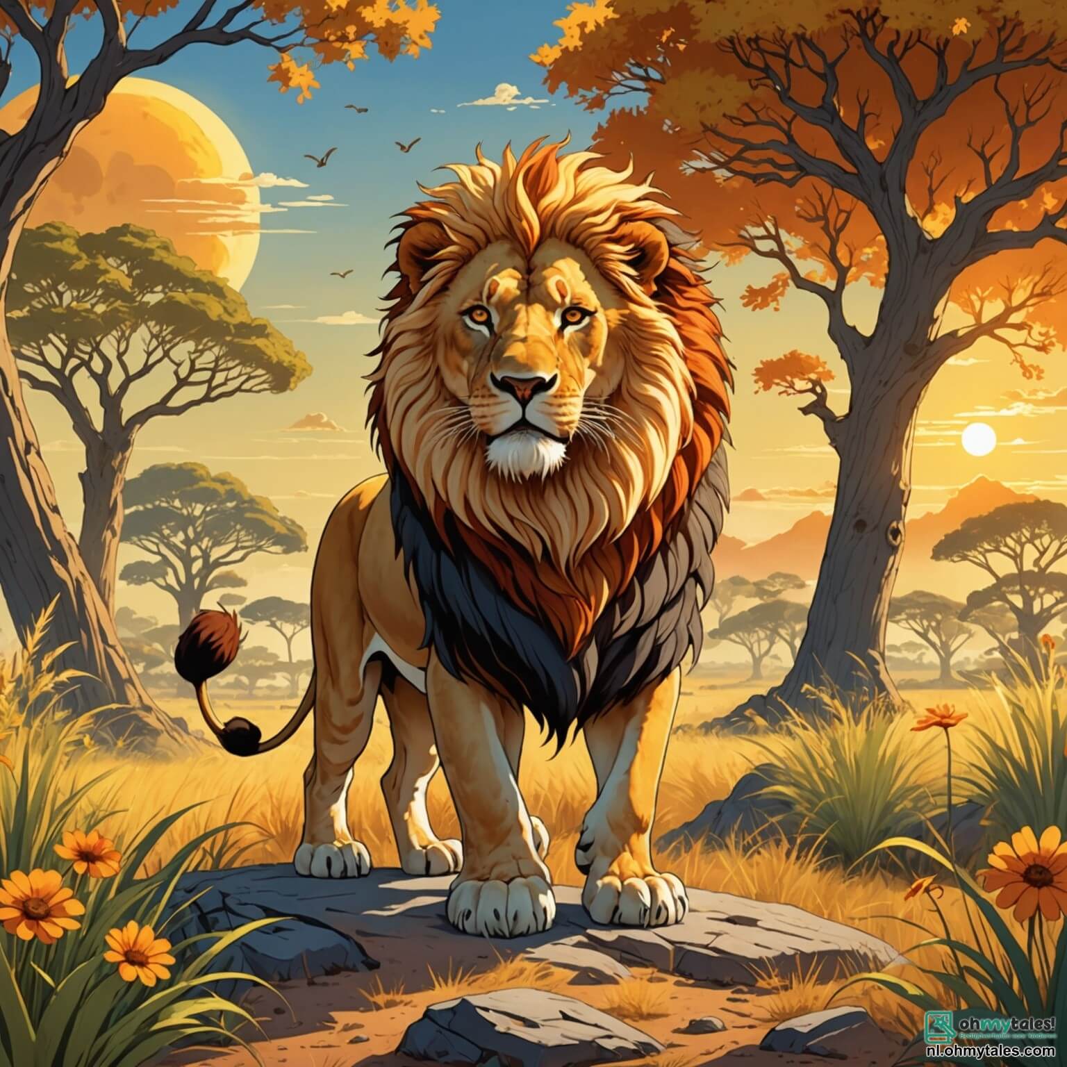 Une illustration destinée aux enfants représentant un majestueux lion à la crinière flamboyante, se tenant fièrement sous le soleil doré de la savanne, entouré de vastes étendues d'herbes ondulantes, de baobabs aux troncs noueux et de fleurs éclatantes, alors qu'il se lance courageusement dans une quête pour retrouver une petite gazelle perdue, rencontrant en chemin une sage éléphante au regard bienveillant et une malicieuse papaye colorée qui chante des mélodies envoûtantes, le tout dans un décor vibrant où le ciel azur se mêle aux teintes chaudes du crépuscule.