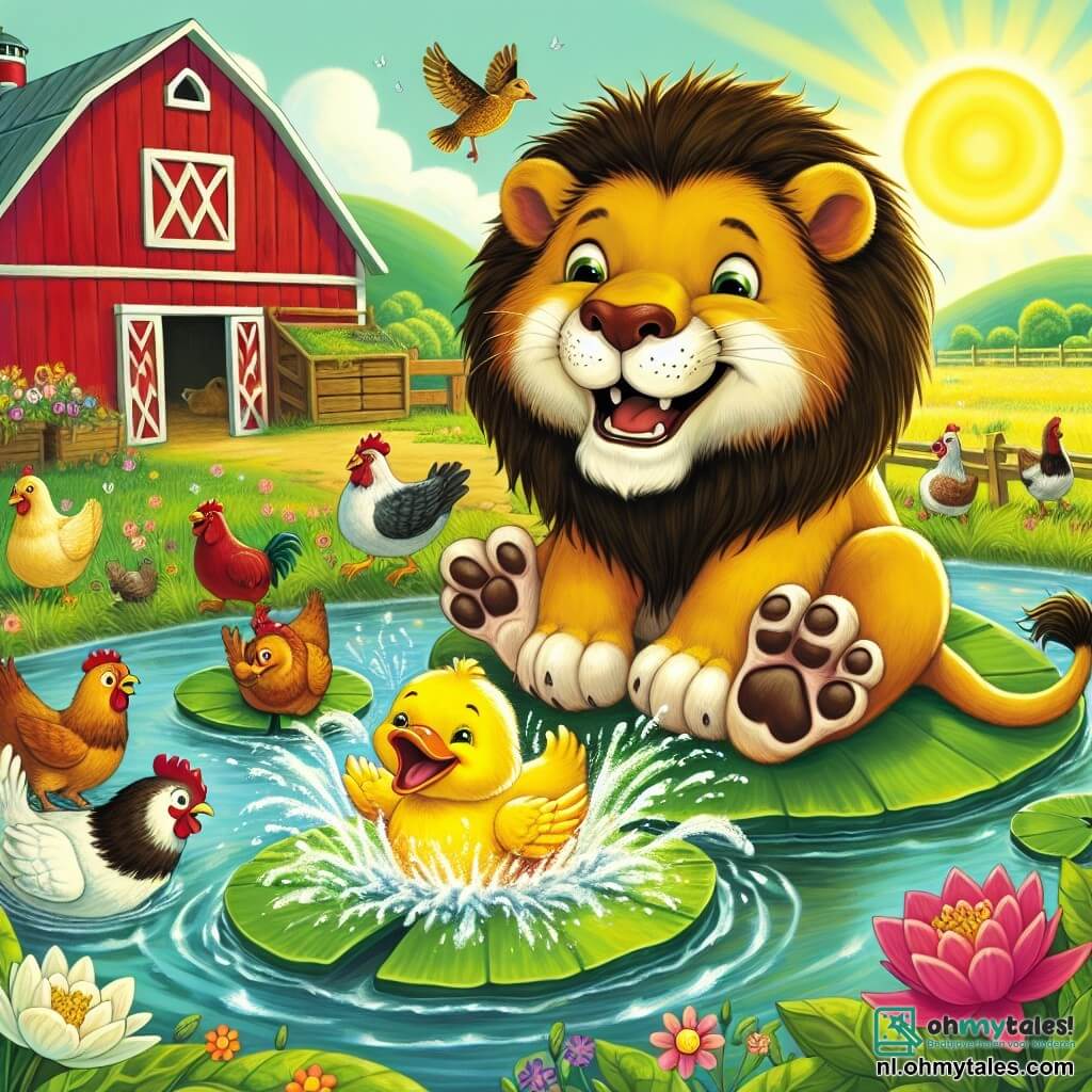 Illustratie van een vrolijke scène op een zonnige boerderij, met groene velden en een rode schuur op de achtergrond. Op de voorgrond glijdt een leeuw met een gouden vacht en een grote, rommelige manen, met een ondeugende glimlach, onhandig over een groot lelieblad in een kleine vijver, terwijl hij water om zich heen spettert. Naast hem lacht een kleine, felgekleurde eend met glinsterende veren luid, terwijl ze vrolijk op het water drijft. Op de achtergrond bewegen kleurrijke kippen nieuwsgierig en kijken naar de scène, terwijl een roze varken met ronde, lachende wangen bij de schuur staat en een stuk taart in zijn pootjes vasthoudt. De sfeer is gevuld met gelach en vreugde, met kleurrijke bloemen en vlinders die rondfladderen, wat een speelse en vriendelijke ambiance creëert.