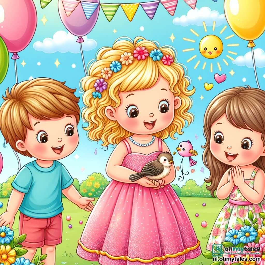Une illustration sous forme de dessin destinée aux enfants représentant un parc ensoleillé décoré de ballons colorés et de guirlandes, avec une petite fille de 4 ans aux cheveux bouclés et blonds, portant une jolie robe rose à paillettes, qui sourit en tenant un petit oiseau dans ses mains, tandis qu'à ses côtés, deux enfants, un garçon aux cheveux bruns en t-shirt bleu et une fille aux cheveux châtains en robe à fleurs, l'observent avec émerveillement, alors qu'ils viennent de sauver le petit oiseau tombé de son nid, créant une scène joyeuse et pleine d'amitié.