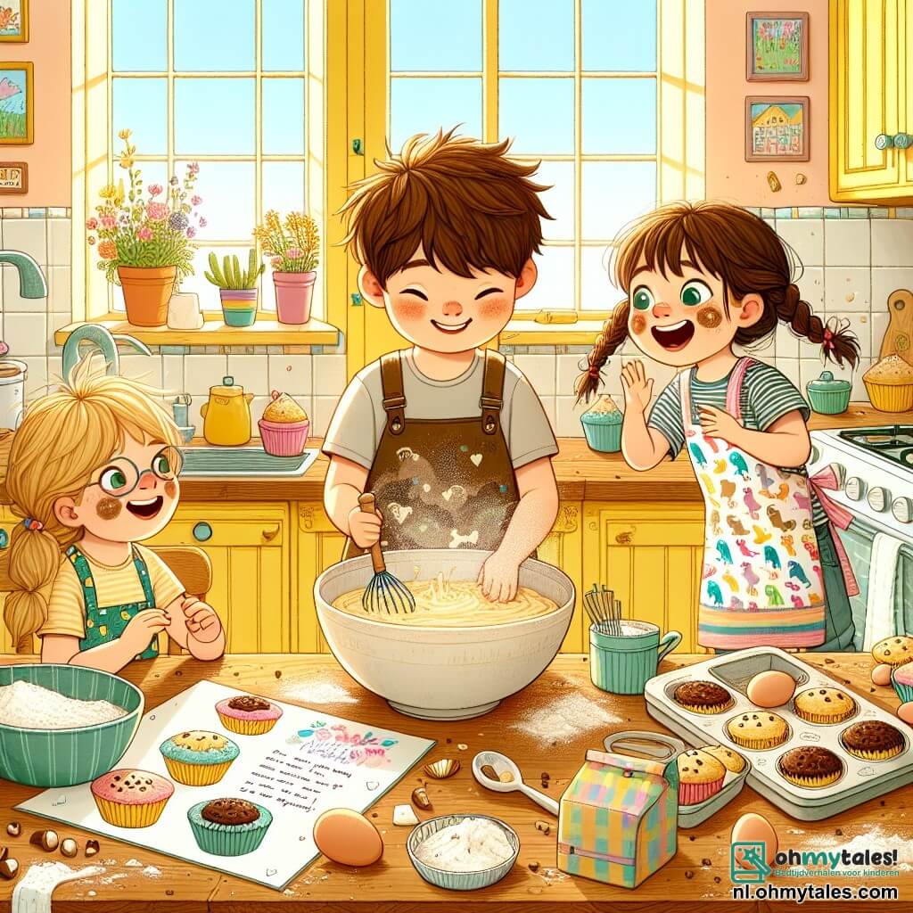 Illustratie van een warme en zonnige keuken, met pastelgele muren en ramen die daglicht binnenlaten. Op de houten tafel liggen verspreid ingrediënten: bloem, eieren en een grote kom vol cupcakesdeeg. In het midden staat een achtjarig jongetje met rommelig bruin haar en een grote glimlach, gekleed in een schort met dinosaurussen. Naast hem staat een zevenjarig meisje met gevlochten blond haar en kleurrijke brillen, dat enthousiast toekijkt terwijl het deeg gemengd wordt. Een andere jongen van acht, met zwart haar en chocoladevlekken op zijn gezicht, voegt chocoladeschilfers aan de kom toe. De scène toont de kinderen die cupcakes bereiden voor Moederdag, omringd door gelach en vreugde. Op de tafel liggen een mooi kleurentekening en een handgeschreven brief, die hun liefde voor hun mama getuigen. Bloemdeeltjes zweven in de lucht en een nieuwsgierige hond kijkt vanuit de hoek van de keuken toe, wat een levendige touch aan deze feestelijke en creatieve scène toevoegt.