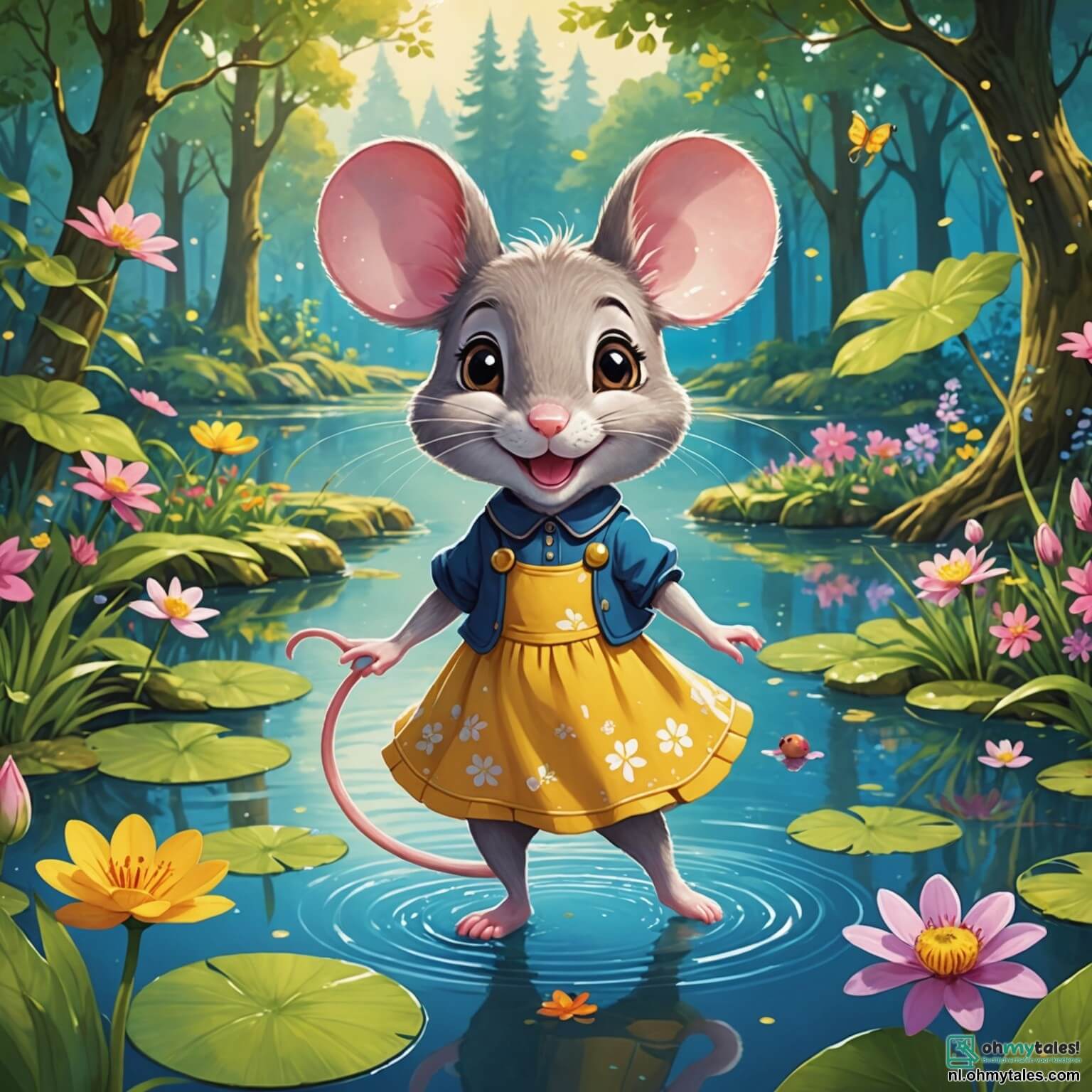 Une illustration destinée aux enfants représentant une petite souris aux grandes oreilles et à la fourrure douce comme du velours, qui, avec un sourire espiègle et des yeux pétillants de malice, se lance dans une aventure palpitante au bord d'une étincelante et scintillante mare entourée de fleurs colorées et de grands arbres aux feuilles dansantes, où elle est rejointe par ses amis, un grenouille joyeuse aux sauts gracieux et une canne à l'allure élégante qui barbotte joyeusement dans l'eau, tous prêts à s'amuser ensemble dans un jeu de course effrénée et de rires éclatants sous le doux soleil d'une journée d'été.