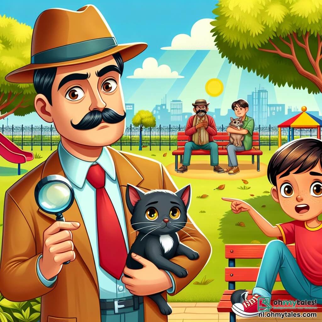 Une illustration sous forme de dessin destinée aux enfants représentant un parc ensoleillé avec de grands arbres et une aire de jeux colorée, où un homme au chapeau de détective et à la moustache soignée, tenant une loupe dans sa main, observe attentivement une petite chatte noire avec une tache blanche sur le nez, tandis qu'un garçon aux cheveux bruns et aux yeux pétillants, vêtu d'un t-shirt rouge, pointe du doigt vers un banc où un homme au visage inquiet, tenant une grande chatte grise sur ses genoux, semble nerveux, illustrant ainsi la recherche de la chatte disparue dans une ambiance de mystère et d'aventure.