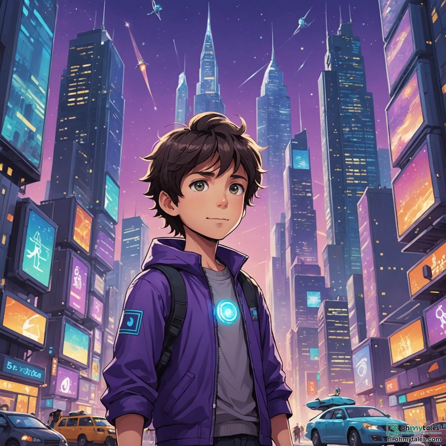 Une illustration destinée aux enfants représentant un garçon aux cheveux ébouriffés et aux yeux pétillants d'émerveillement, se tenant au milieu d'une ville futuriste où les gratte-ciels scintillent comme des cristaux sous un ciel violet, avec des véhicules volants glissant silencieusement au-dessus de lui, tandis qu'il rêve de construire un vaisseau spatial avec son ami robot aux formes arrondies et au sourire chaleureux, tous deux entourés de hologrammes colorés de planètes et d'étoiles qui dansent autour d'eux dans la grande salle de découverte, où l'air est rempli de l'excitation de l'aventure et des rires d'autres enfants qui explorent les merveilles de cet univers technologique.
