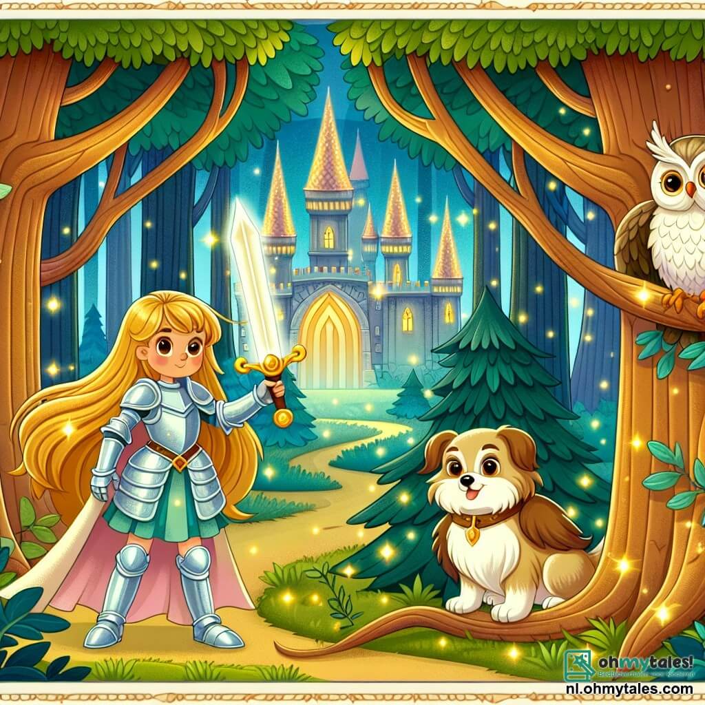 Une illustration sous forme de dessin destinée aux enfants représentant une forêt enchantée, avec de hauts arbres aux feuilles scintillantes, où une courageuse chevaleresse aux cheveux longs et dorés, portant une armure brillante et brandissant un épée étincelante, se tient fièrement devant un château mystérieux, tandis qu'à ses côtés, un petit chien aux yeux pétillants et un hibou sage aux plumes douces l'observent attentivement, alors qu'ils se préparent à affronter un sorcier maléfique pour sauver une princesse captive.