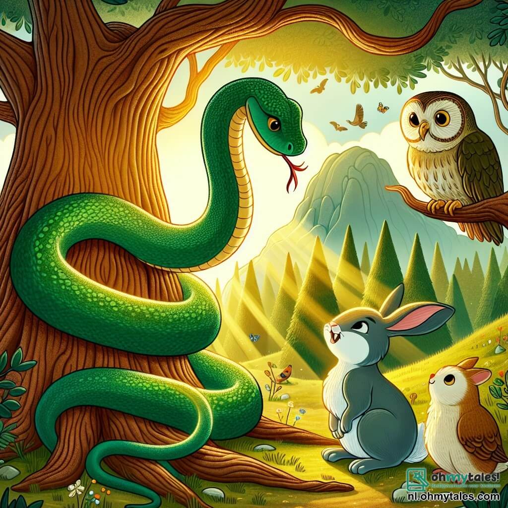 Une illustration sous forme de dessin destinée aux enfants représentant une forêt enchantée baignée de lumière dorée, avec un serpent aux écailles brillantes comme des émeraudes, enroulé autour d'une vieille et majestueuse arbre, tandis qu'un joyeux lapin aux grandes oreilles et une sage chouette aux yeux ronds les observent, tous trois discutant avec enthousiasme des merveilles de la nature et des aventures à venir dans la mystérieuse terre cachée au-delà de la Grande Montagne.
