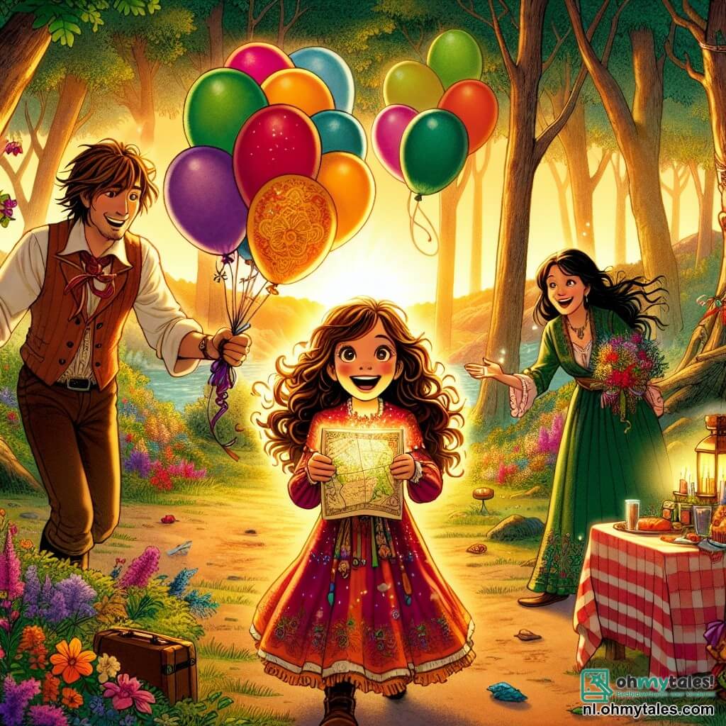 Une illustration sous forme de dessin destinée aux enfants représentant une clairière enchantée au cœur d'une forêt, baignée par la lumière dorée du soleil couchant, où une fille de 11 ans aux cheveux bruns et bouclés, vêtue d'une robe colorée, sourit joyeusement en tenant une carte mystérieuse, entourée de son père, un homme souriant aux cheveux châtains, et de sa mère, une femme aux longs cheveux noirs et aux yeux pétillants, tous deux préparant une surprise d'anniversaire avec des ballons colorés et une petite table décorée de fleurs sauvages, tandis qu'un garçon de son âge aux yeux malicieux et aux cheveux ébouriffés s'approche avec un bouquet de fleurs, créant une atmosphère de joie et d'aventure.
