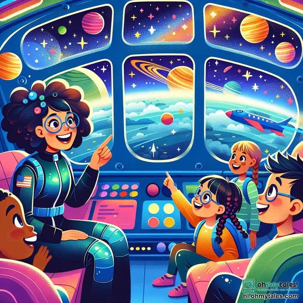 Une illustration sous forme de dessin destinée aux enfants représentant l'intérieur d'un vaisseau spatial coloré, avec de grandes fenêtres offrant une vue spectaculaire sur des étoiles scintillantes et des planètes colorées, où une femme pilote aux cheveux bouclés et à la combinaison spatiale brillante sourit joyeusement en expliquant des choses aux enfants, dont un garçon aux lunettes rondes qui regarde avec émerveillement, une fille aux cheveux tressés qui flotte en souriant, et un garçon aux cheveux courts qui pointe du doigt une planète en passant, le tout dans une ambiance de découverte et d'aventure spatiale.