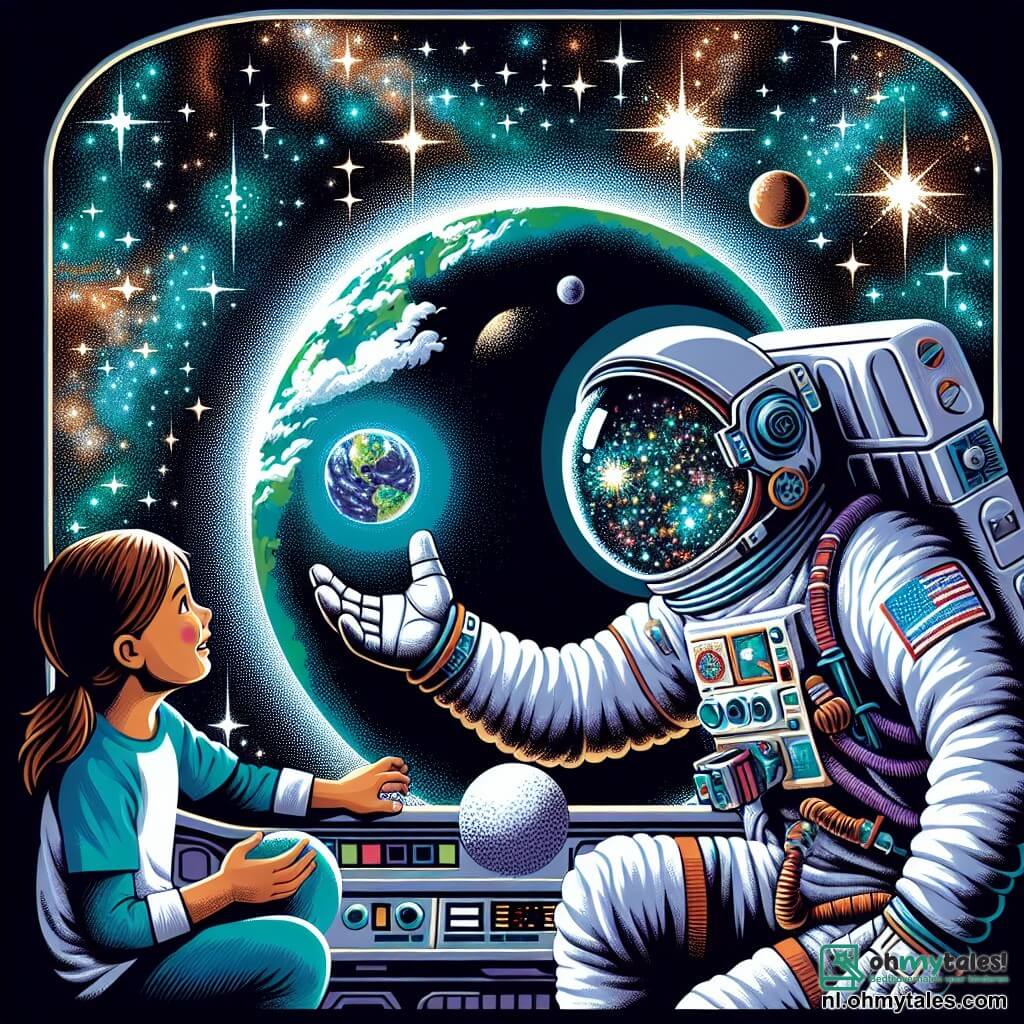 Illustratie van een uitgestrekte ruimte in de galaxie, waar fonkelende sterren de zwarte achtergrond van het universum verlichten. In het midden van de afbeelding zweeft een astronaut, met een glanzende helm en een wit ruimtepak versierd met kleurrijke patches, in gewichtloosheid, met een verwonderde glimlach op zijn gezicht. Zijn bruine haar is licht zichtbaar door de vizier, en hij houdt een klein speeltje in de vorm van een planeet in zijn hand. Dichtbij kijkt een tienjarig meisje met lang kastanjebruin haar en sprankelende ogen gefascineerd vanuit het raam van het ruimteschip, met haar handen tegen het glas gedrukt. Ze draagt een blauwe t-shirt en comfortabele broek, en haar uitdrukking toont grote nieuwsgierigheid. De scène vangt het moment waarop de astronaut zijn verwondering deelt met het meisje, wat een gevoel van avontuur en ontdekking oproept. Op de achtergrond verschijnt de aarde als een prachtige blauwe en groene bol, omringd door witte wolken, wat een vleugje magie toevoegt aan deze ontmoeting tussen de ruimte en de verbeelding.