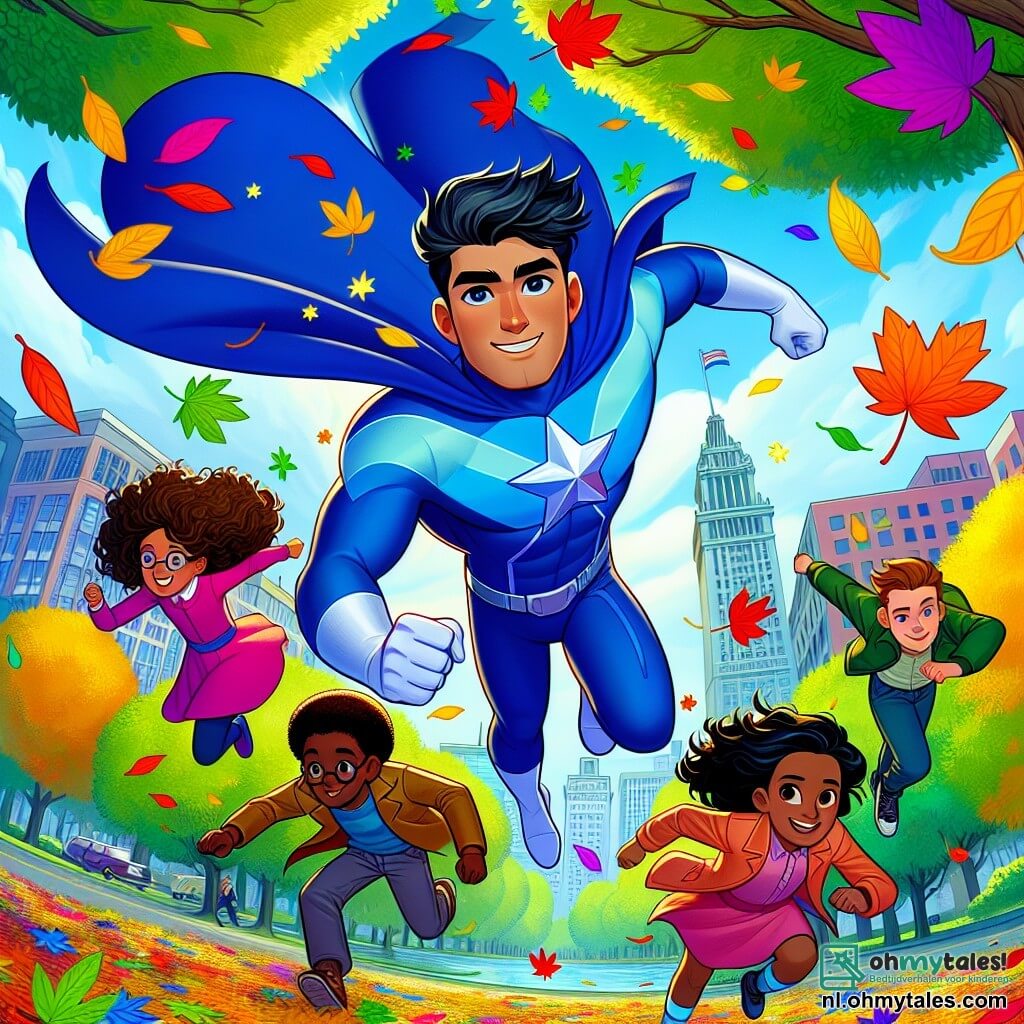 Illustratie van een levendige scène in het stadspark van Sterrenstad, waar de bomen met kleurrijke bladeren dansen onder een stralende blauwe lucht. In het midden zweeft een man in een glinsterend blauwe kostuum met een grote zilveren ster op zijn borst, gekleed in een rode cape die in de wind wappert, met een vastberaden glimlach. Beneden staat een groep van vier kinderen, allemaal tussen de 8 en 10 jaar oud: een meisje met krullend bruin haar in een roze outfit die enthousiast rent; een sterke, gespierde jongen met blond haar die een gevallen tak optilt; een geconcentreerd meisje met lang zwart haar dat bladeren om zich heen laat zweven; en een bijna onzichtbare jongen met kastanjebruin haar die zich stilletjes tussen de anderen beweegt. De scène straalt een sfeer van avontuur en kameraadschap uit, met lichtflitsen en levendige kleuren, die eenheid en moed symboliseren tegenover de naderende storm. Donkere wolken tekenen zich af aan de horizon, wat een gevoel van spanning aan de illustratie toevoegt.